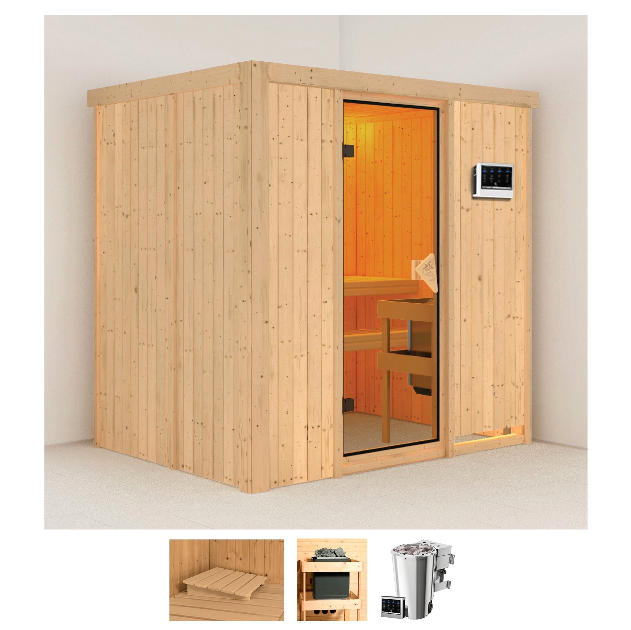 Sauna KARIBU "Finja", beige (naturbelassen), Bio-Kombiofen, externe Steuerung, 3,6 kW, Saunen, 3,6-kW-Bio-Plug & Play Ofen mit externer Steuerung Image