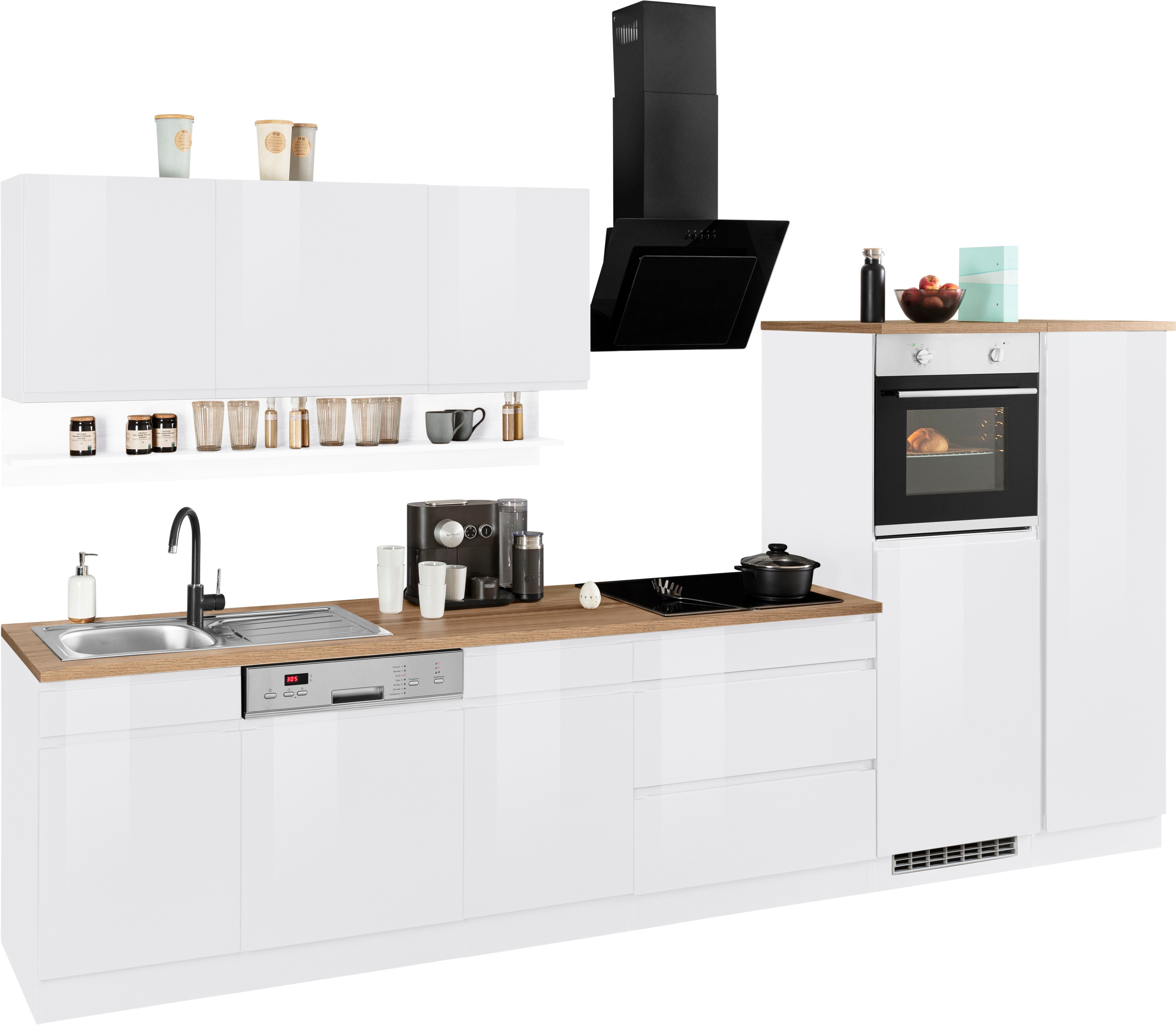 Küchenzeile KOCHSTATION "KS-Virginia", weiß (küche: weiß, front: weiß hochglanz, korpus: weiß, arbeitsplatte: wotaneichefarben), B:350cm H:200cm T:60cm, Komplettküchen-Sets, Küchenzeile, Breite 350 cm, ohne E-Geräte