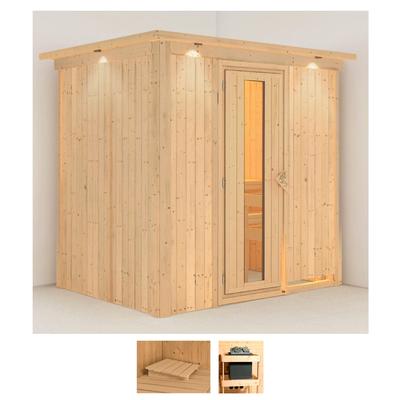 Sauna KARIBU "Finja", beige (naturbelassen), ohne Ofen, (ohne Ofen), Saunen, ohne Ofen