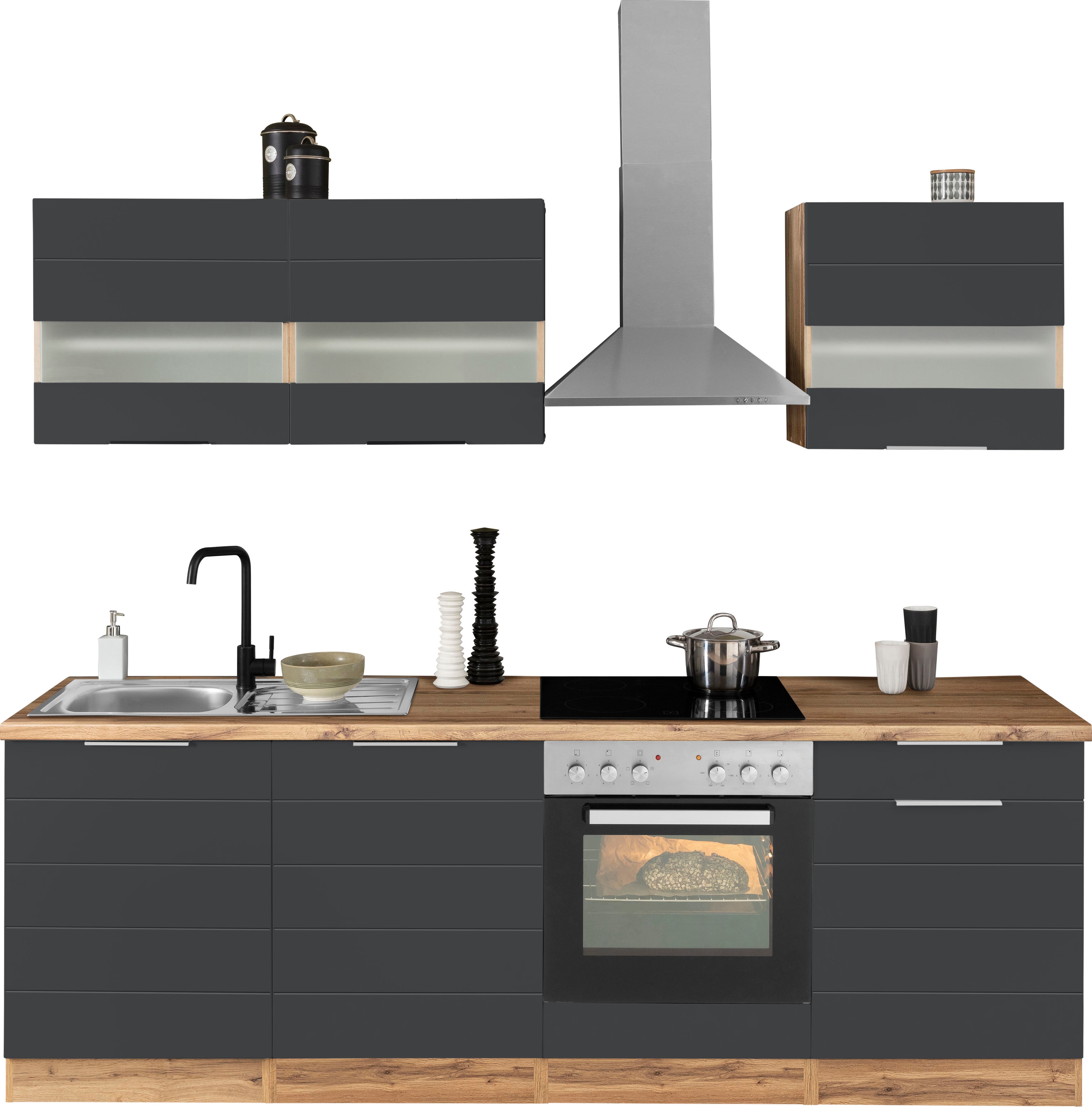 Küchenzeile KOCHSTATION "KS-Luhe", grau (küche: grau, front: weiß matt, korpus: wotaneichefarben, arbeitsplatte: wotaneichefarben), B:240cm T:60cm, Komplettküchen-Sets, Küchenzeile, 240 cm breit, wahlweise mit oder ohne E-Geräten, gefräste MDF-Fronten