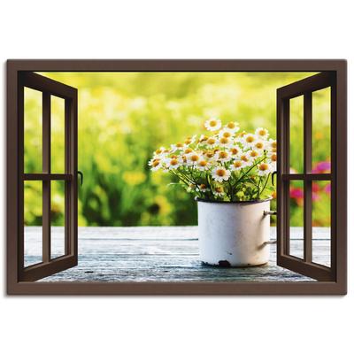 Wandbild ARTLAND "Fensterblick Garten mit Gänseblümchen", braun (farbe bild(er): braun), B:130cm H:90cm, Bilder, als Alubild, Outdoorbild, Leinwandbild in verschied. Größen Image