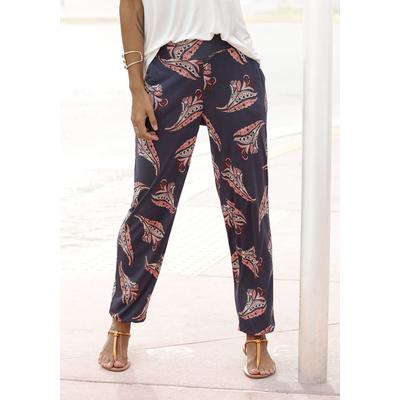 Strandhose LASCANA, Damen, Gr. 42, N-Gr, bunt (marine, rosé, bedruckt), Jersey, Obermaterial: 100% Viskose, bedruckt, casual, figurumspielend lang, Hosen, mit Blumendruck und Taschen, Jerseyhose, Sommerhose Image