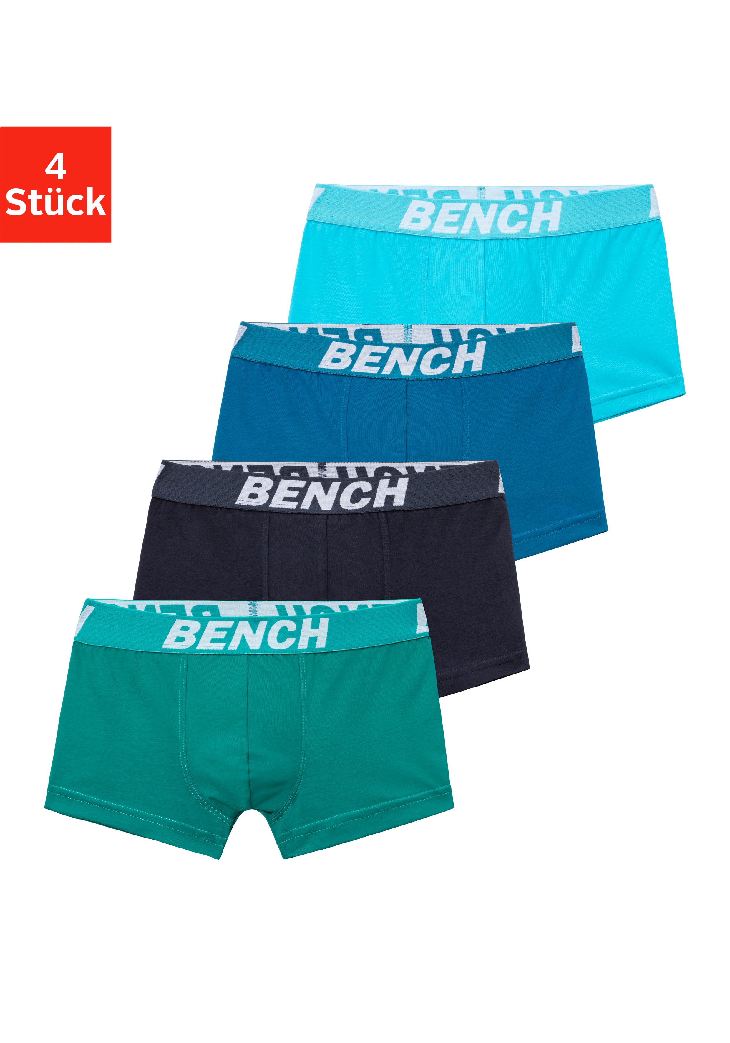 Boxer BENCH. "Boxershorts für Jungen", Kinder, Gr. 182, bunt (petrol, mint, navy, türkis), Single Jersey, Obermaterial: 92% Baumwolle, 8% Elasthan (LYCRA), unifarben, körpernah, Unterhosen, mit Bench Schriftzug im Bund Image