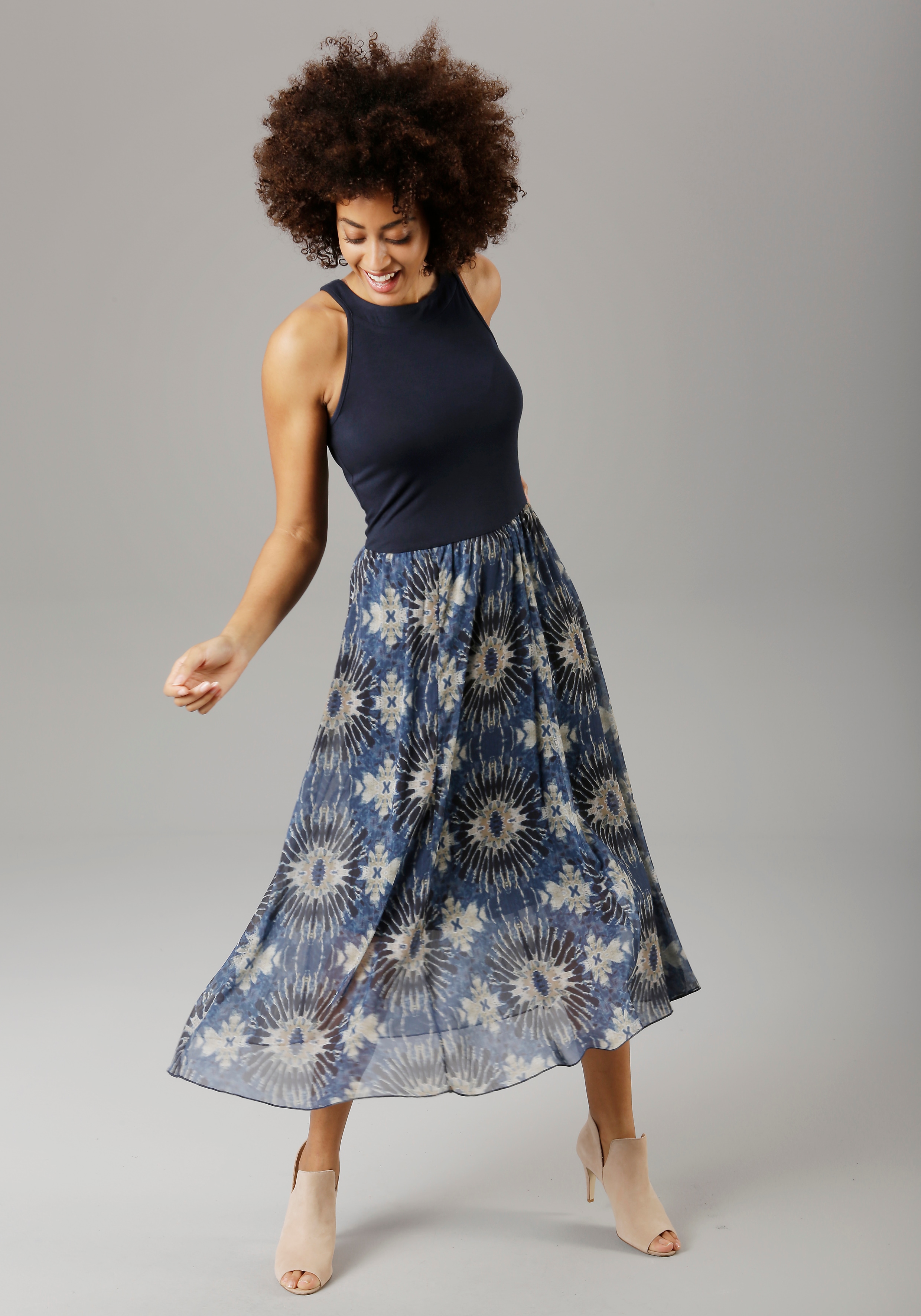 Sommerkleid ANISTON SELECTED, Damen, Gr. 46, N-Gr, blau (dunkelblau, braun, blau, beige), Jersey;Web;Georgette, Obermaterial: 95% Viskose, 5% Elasthan. Futter: 95% Viskose, 5% Elasthan. Rock: 100% Polyester, Batikmuster, bedruckt, Modisch,... Image
