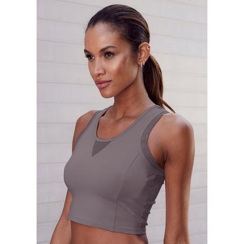 Funktionsshirt LASCANA ACTIVE Gr. S (36/38), grau (stone) Damen Shirts Sportbekleidung Sporttop Tops mit Racerback und Mesh-Einsätzen