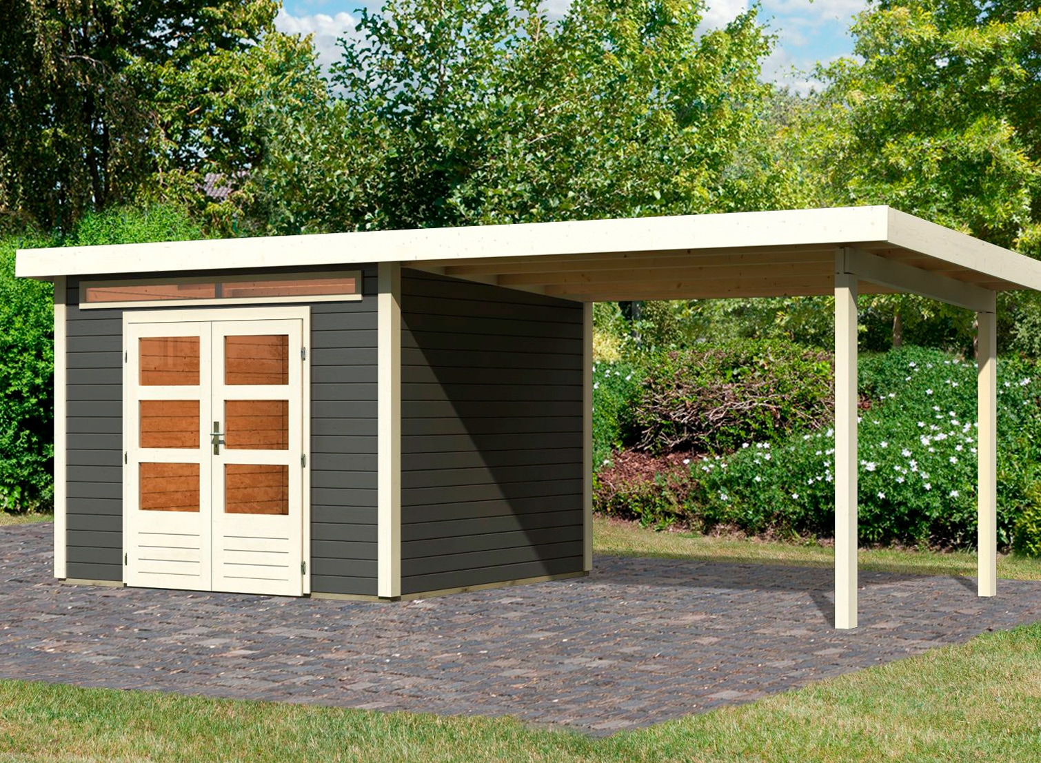Gartenhaus KARIBU "Ammersee 4", grau (terragrau, elfenbeinfarben, naturbelassen), ohne Fußboden, ohne Dacheindeckung, Holzwerkstoff, Gartenhäuser, Gartenhaus