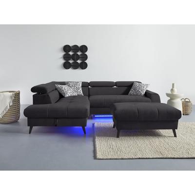 Ecksofa COTTA "Mia L-Form mit 3 Zierkissen", schwarz, B:244cm H:74cm T:193cm, 100% Polyester, Sofas, wahlweise mit Bettfunktion, Bettkasten, Beleuchtung & Wireless-Charger Image