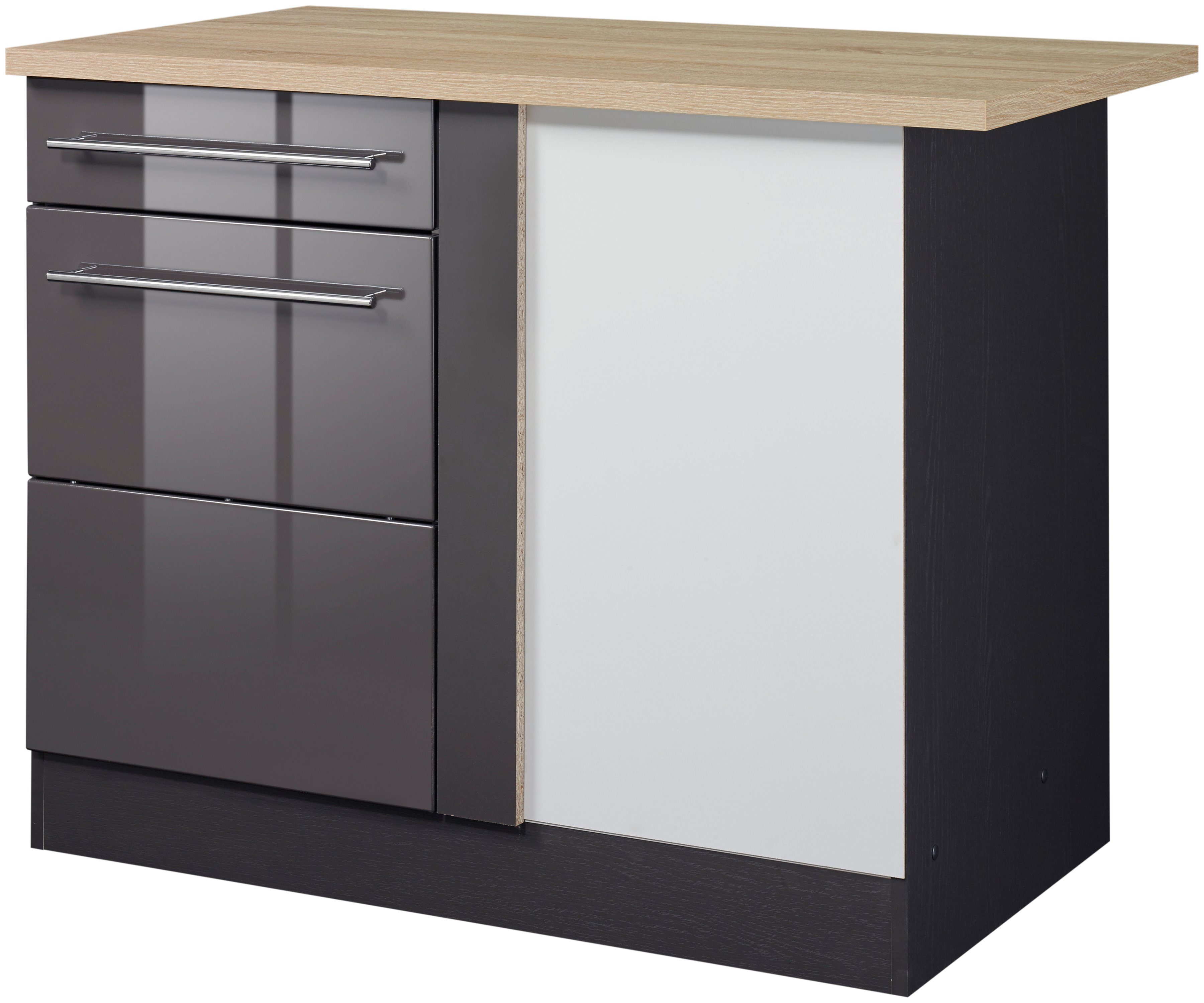 Eckunterschrank KOCHSTATION "KS-Wien", grau (grau hochglanz), B:110cm H:85cm T:60cm, Holzwerkstoff, MDF, Schränke, Eckunterschrank, Breite 110 cm