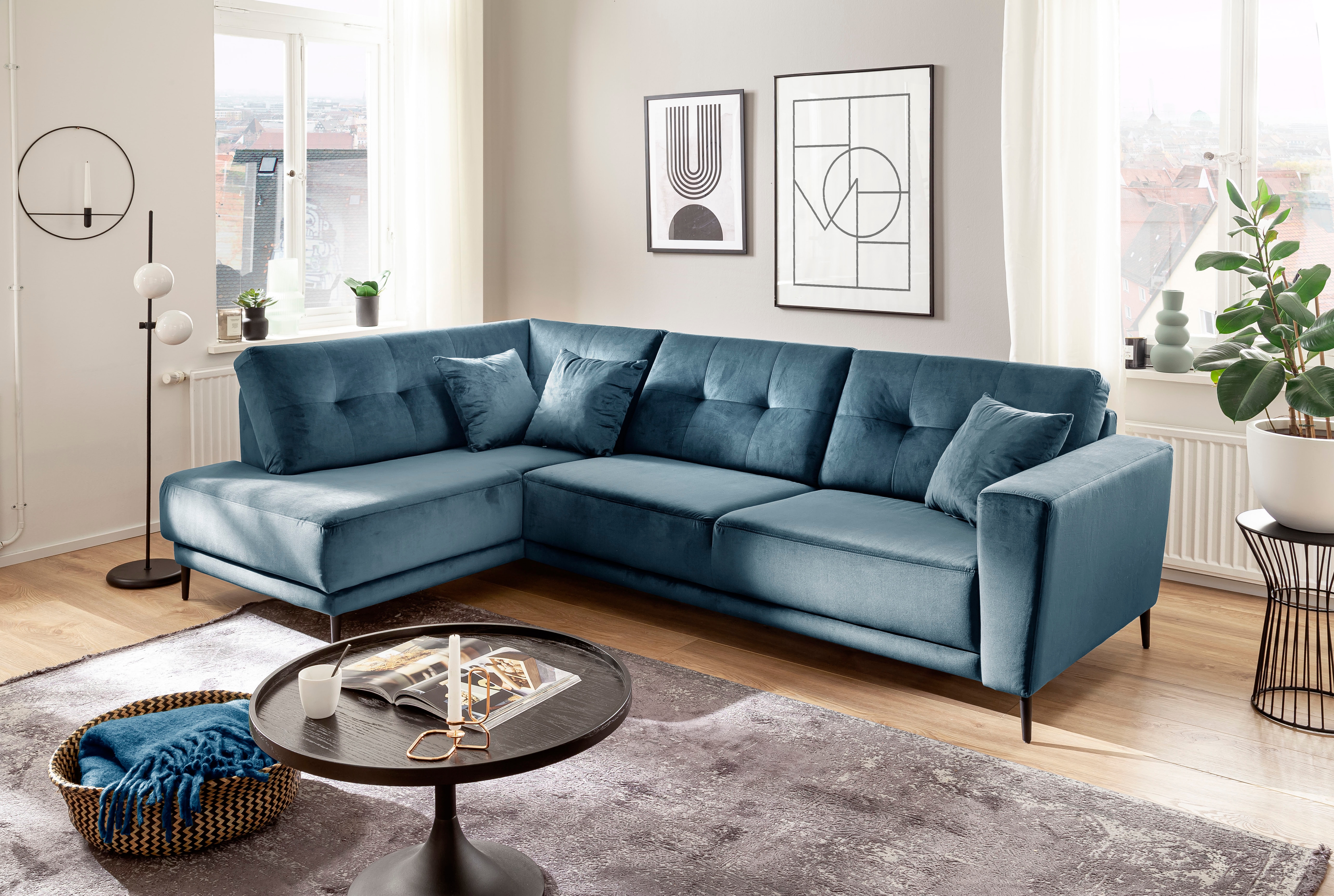 Polsterecke TRENDS BY HG "Barcelona L-Form", blau (petrol), B:273cm H:86cm T:165cm, Sofas, mit Metallfuss, frei im Raum stellbar