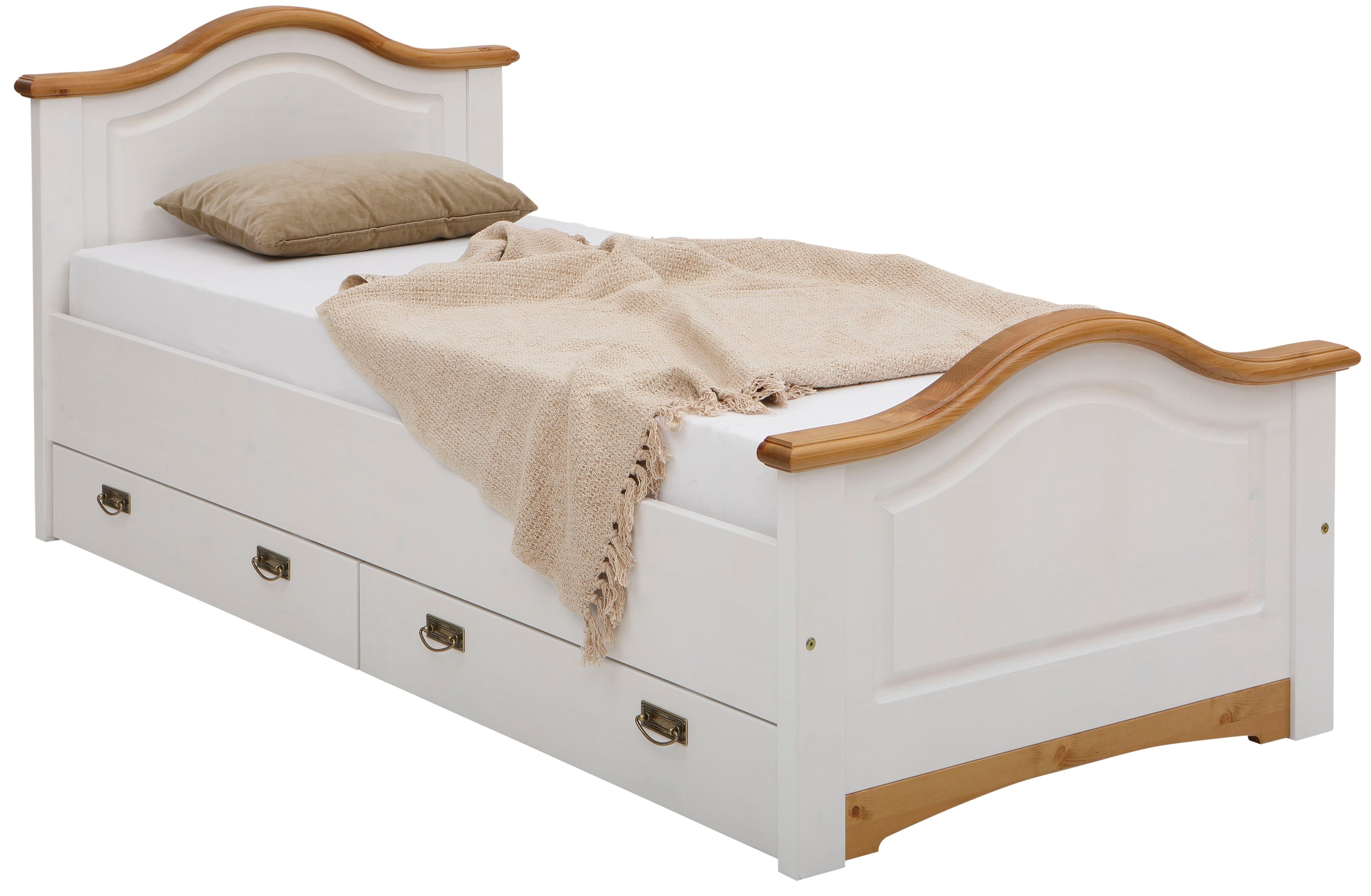 Massivholzbett OTTO HOME "Konrad, Stauraumbett, Messinggriffe, rustikaler Landhausstil", weiß (weiß, honig), B:103cm H:90cm L:209cm, Betten, Massivholzbett, mit FSC-zertifiziertem Massivholz, Liegehöhe 40 cm