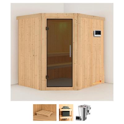 Sauna KARIBU "Laila", beige (naturbelassen), Bio-Kombiofen, externe Steuerung, 3,6 kW, Saunen, 3,6-kW-Bio-Plug & Play Ofen mit externer Steuerung