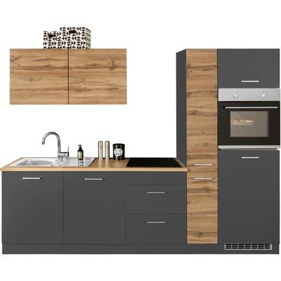 Küchenzeile KOCHSTATION "KS-Kehl", front: grau, wotaneichefarben, korpus: grafit, arbeitsplatte: wotaneichefarben, B:270cm T:60cm, Komplettküchen-Sets, ohne E-Geräte, Breite 270 cm, für Kühlschrank Image