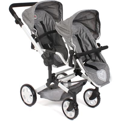 Puppen-Zwillingsbuggy CHIC2000 "Linus Duo, Jeans Grey" Puppenwagen grau (jeans grey) Kinder mit zwei abnehmbaren, bis in Liegeposition verstellbaren Sportsitzen