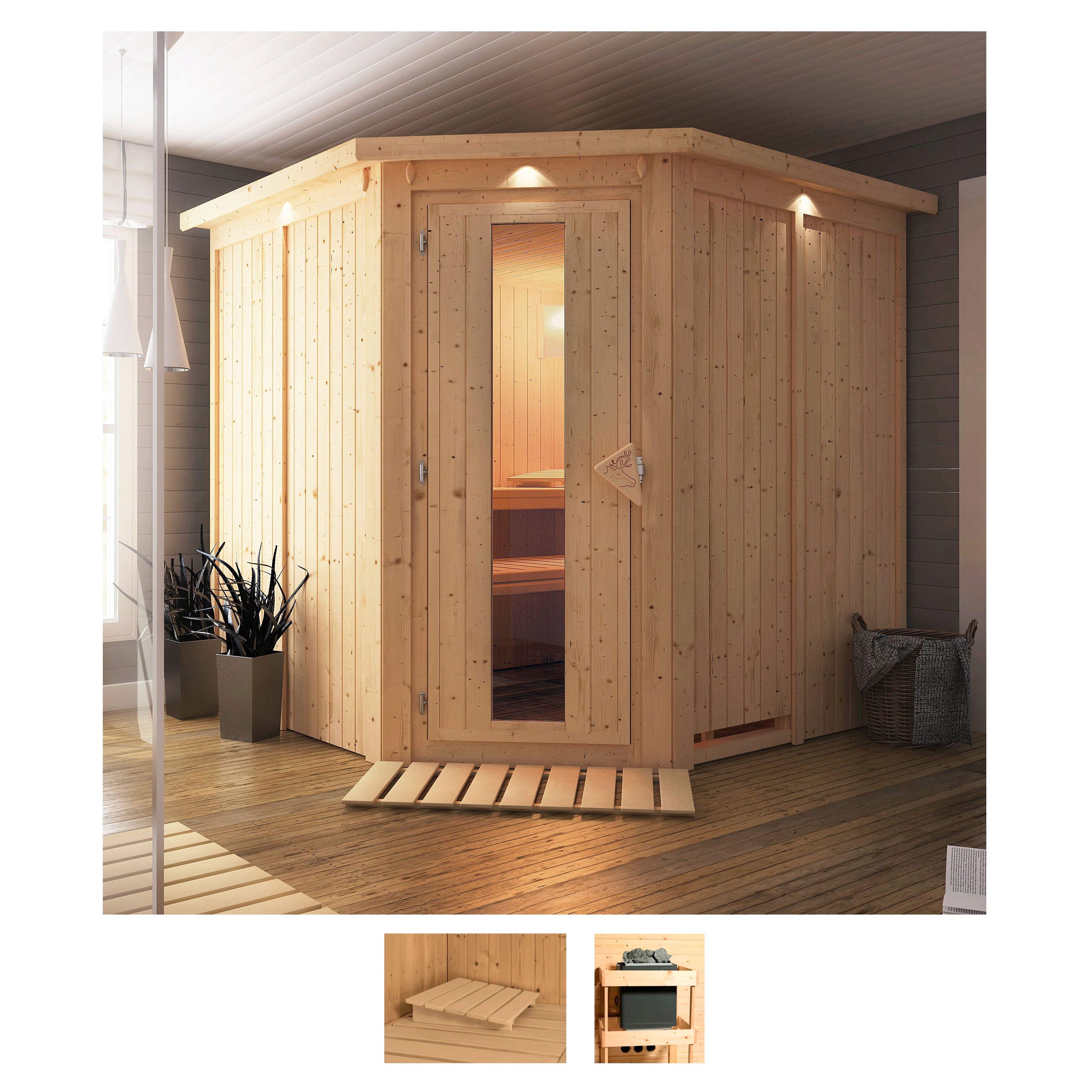 Sauna KARIBU "Jarin", beige (naturbelassen), ohne Ofen, (ohne Ofen), Saunen, ohne Ofen Image