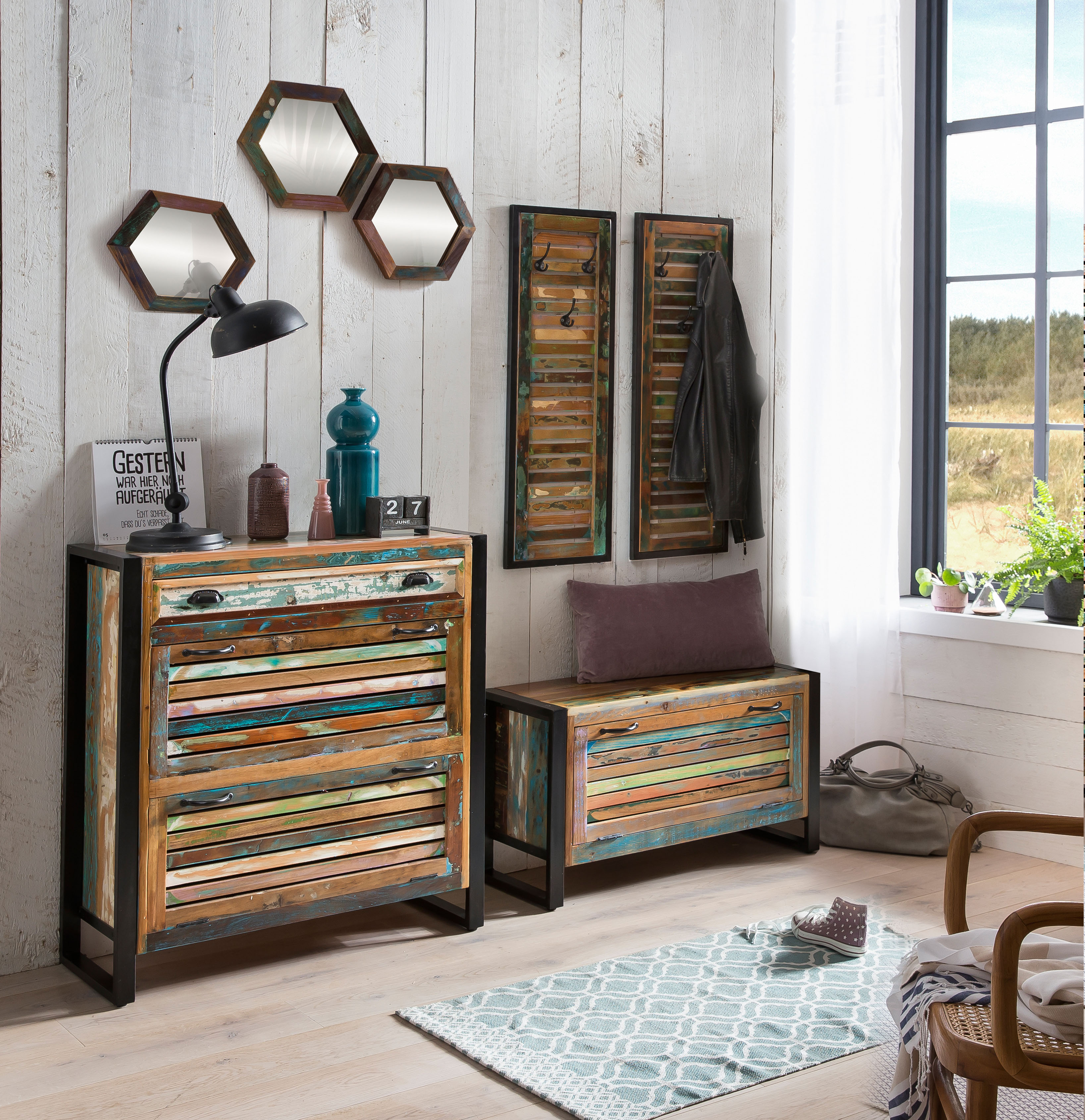 Garderoben-Set SIT "Fiume", bunt (bunt, schwarz), Massivholz, Kastenmöbel-Sets, im Vintage Stil, rcyceltes Altholz in Lamellen Optik Image