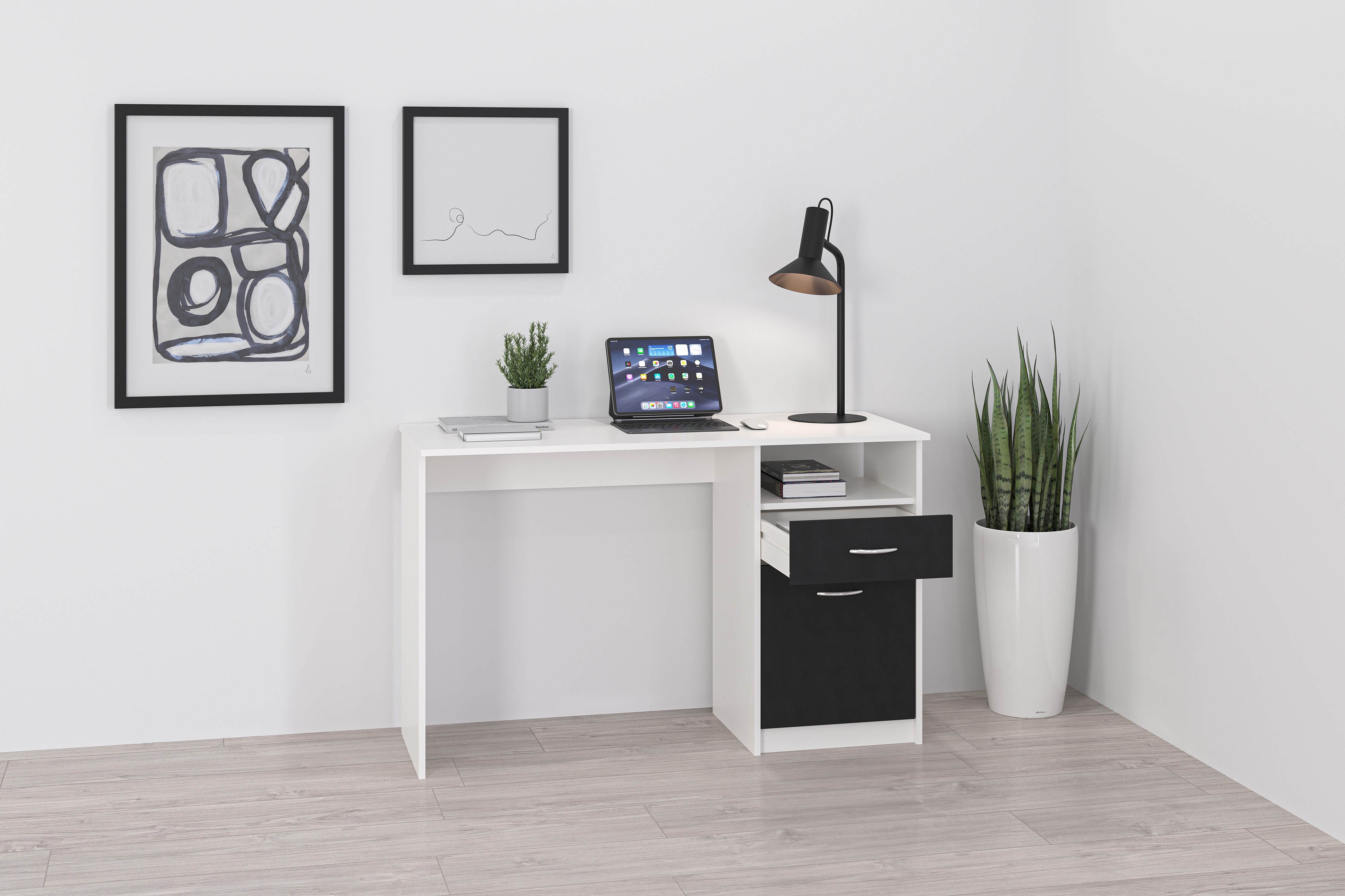 Schreibtisch FMD "Jackson", schwarz-weiß (weiß, schwarz), B:123cm H:76,5cm T:50cm, Tische, Bürotisch mit 1 Schubkasten und 1 Tür, 123 cm breit