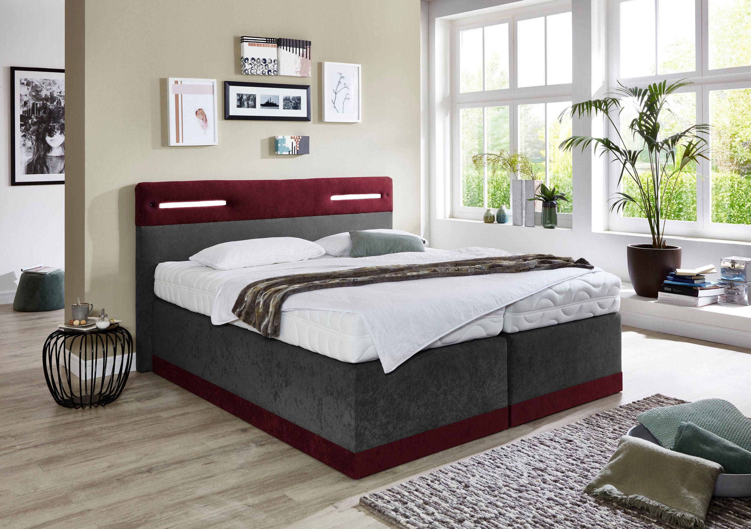 Boxspringbett, rot (bordeaux, anthrazit), Ohne Topper, Liegefläche B/L: 160cm x 200cm, H2 + H2, 7-Zonen-Kaltschaummatratze, Bezug Obermatratze 100% Polyester, waschbar bis 60C;Bezug Unterbox und Kopfteil: Mikrofaservelours (100% Polyester),...