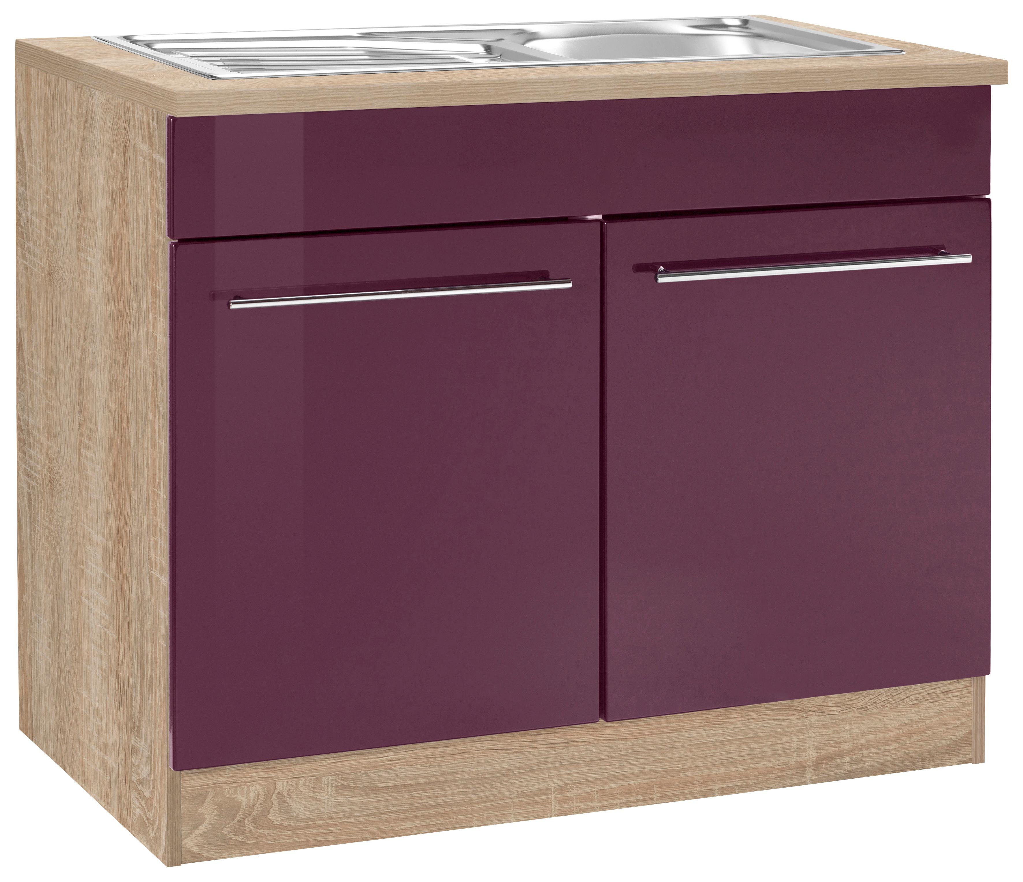 Spülenschrank KOCHSTATION "KS-Eton", lila (aubergine hochglanz), B:100cm H:85cm T:60cm, Schränke, Spülenschrank, Breite 100 cm