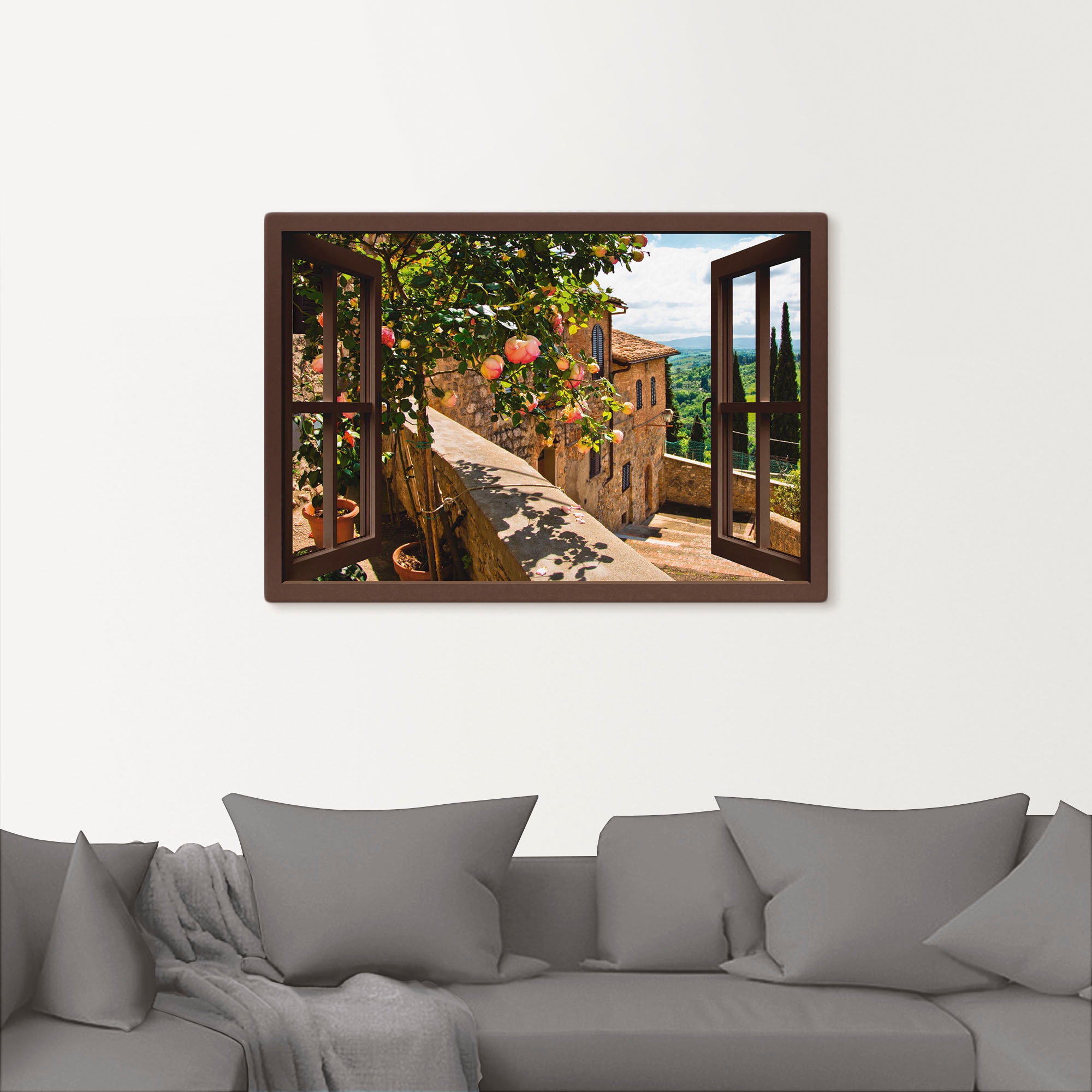 Wandbild ARTLAND "Fensterblick Rosen auf Balkon Toskana", braun (farbe bild(er): braun), B:130cm H:90cm, Bilder, als Alubild, Outdoorbild, Leinwandbild, Poster, Wandaufkleber Image