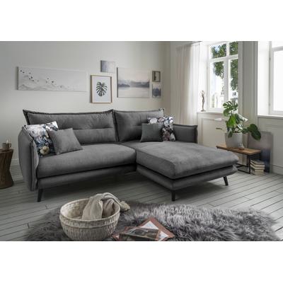 Ecksofa INOSIGN "Lazio modernes Design, bequem, schmale Armlehnen, OTTOs Choice", grau (asche, zierkissen blumenmuster), B:255cm H:94cm T:180cm, 100% Polyester, Sofas, zwei verschiedene Fußfarben wählbar Image