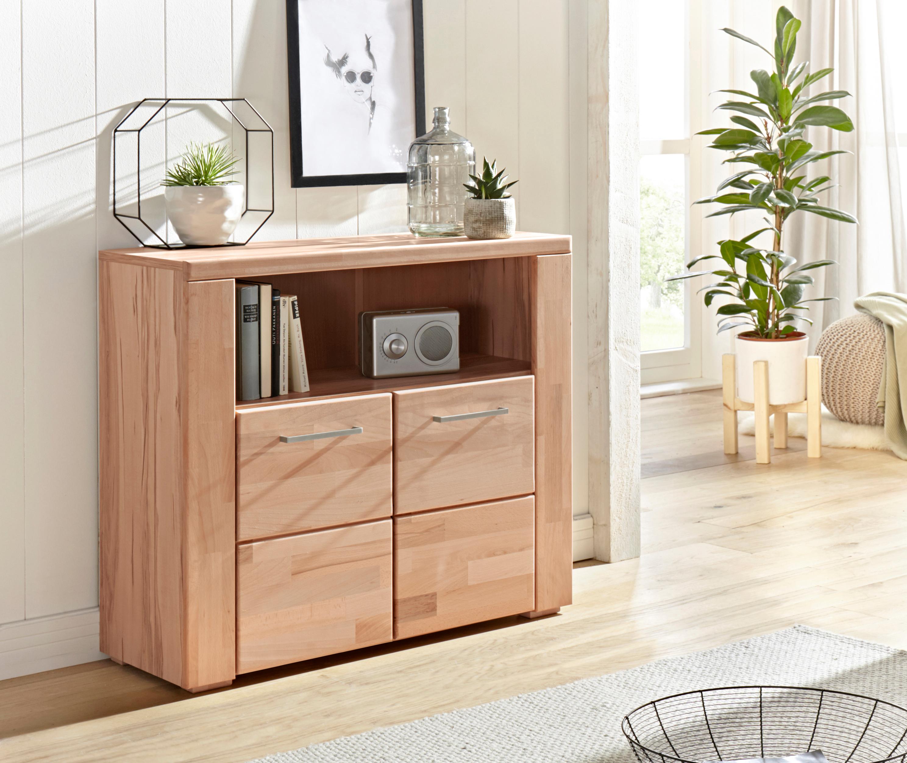 Kommode HOME AFFAIRE "Celle,90cm breit,35 cm tief, Fronten Massivholz", beige (kernbuche teilmassiv, kernbuchefarben), B:90cm H:80cm T:35cm, Holz teilmassiv, Sideboards, Holz massiv, Holzwerkstoff, Metall Griffe,3 breite Fächer
