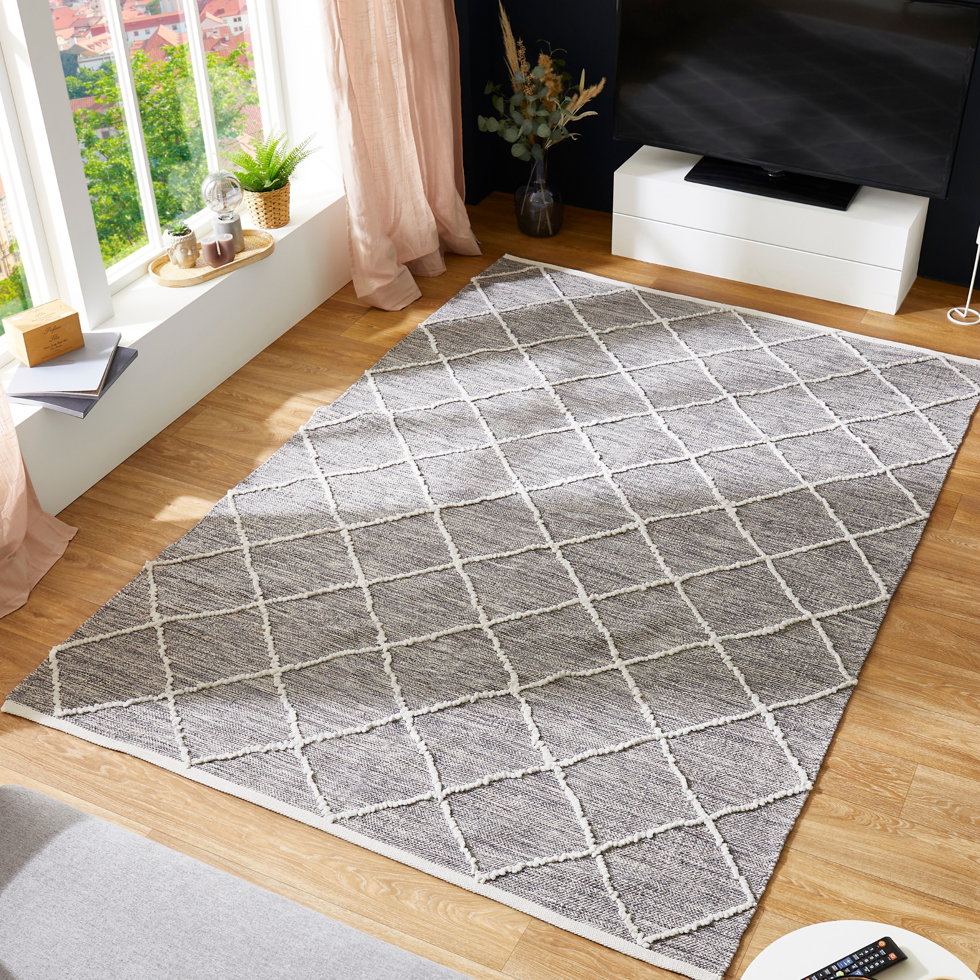 Teppich LUXOR LIVING "Pantin" Gr. 3, grau, B:140cm H:8mm L:200cm, Baumwolle, Teppiche, Handweb, Flachgewebe, reine Baumwolle, handgewebt, Rauten Design Image