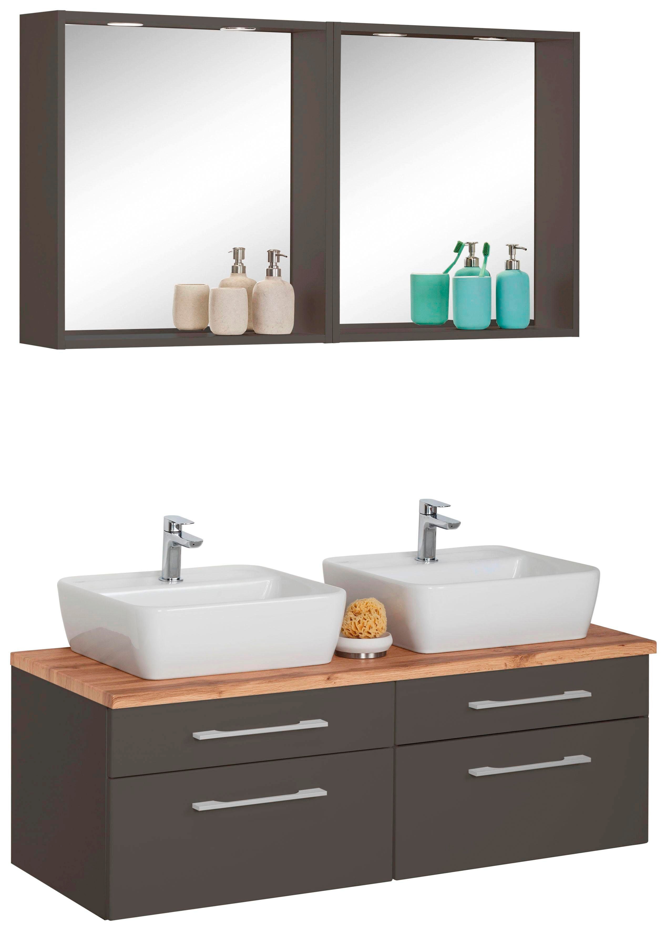 Badmöbel-Set WELLTIME "Davos", grau (grafit, grau), Kastenmöbel-Sets, 2 Spiegel mit mit 2 Touch-LED-Einbauleuchten Image