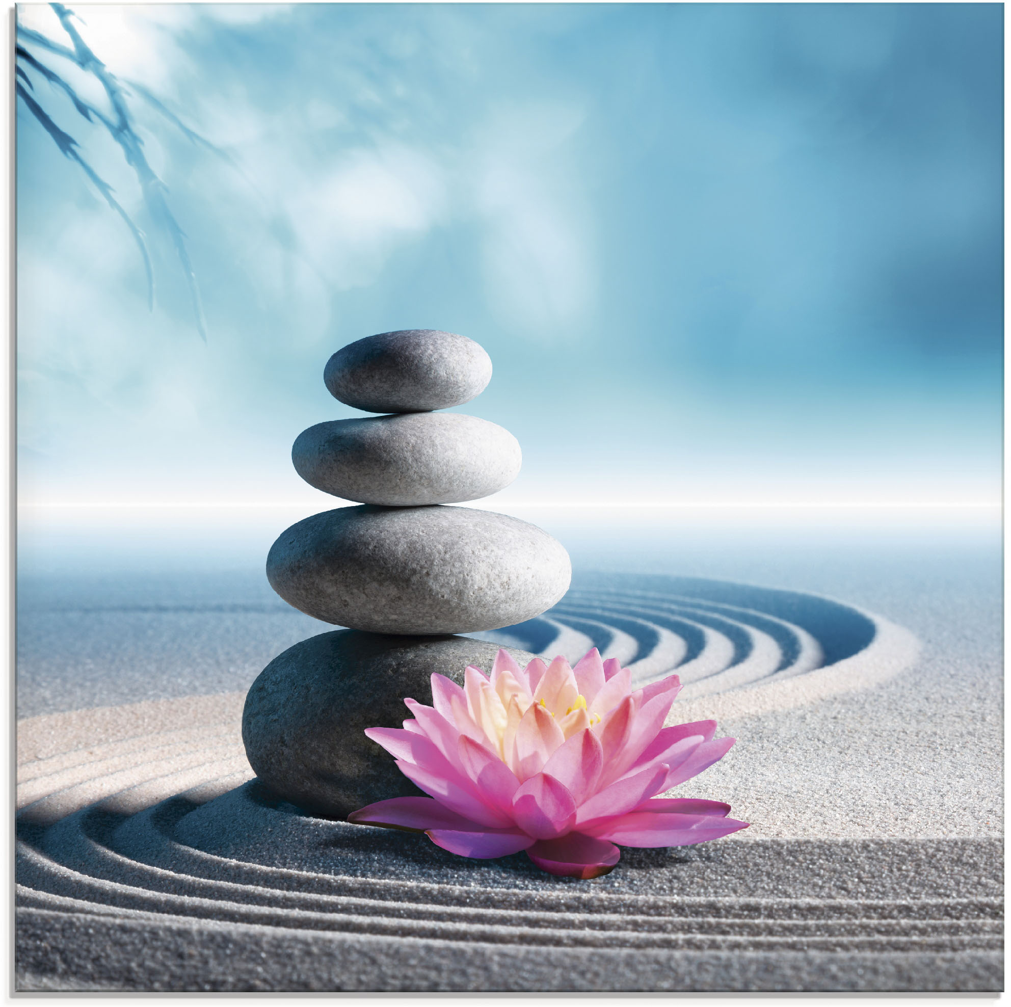 Glasbild ARTLAND "Sand, Lilie und Spa-Steine in Zen-Garten", blau (farbe bild(er): blau), B:30cm H:30cm, Bilder, in verschiedenen Größen Image