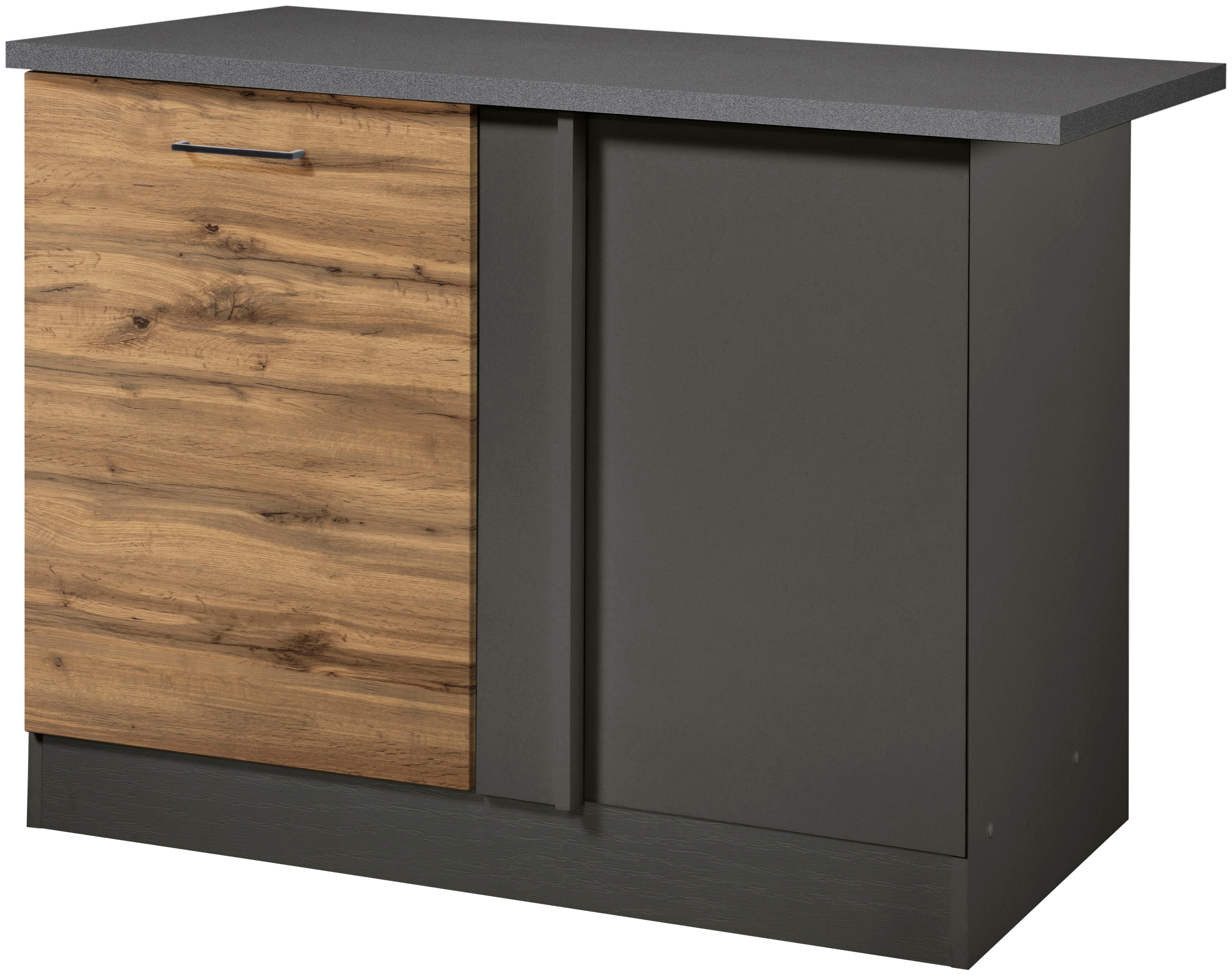 Eckunterschrank KOCHSTATION "KS-Trier", grau (wotaneiche, grafit), B:110cm H:85cm T:60cm, Holzwerkstoff, MDF, Schränke, für Stauraum in der Ecke Image