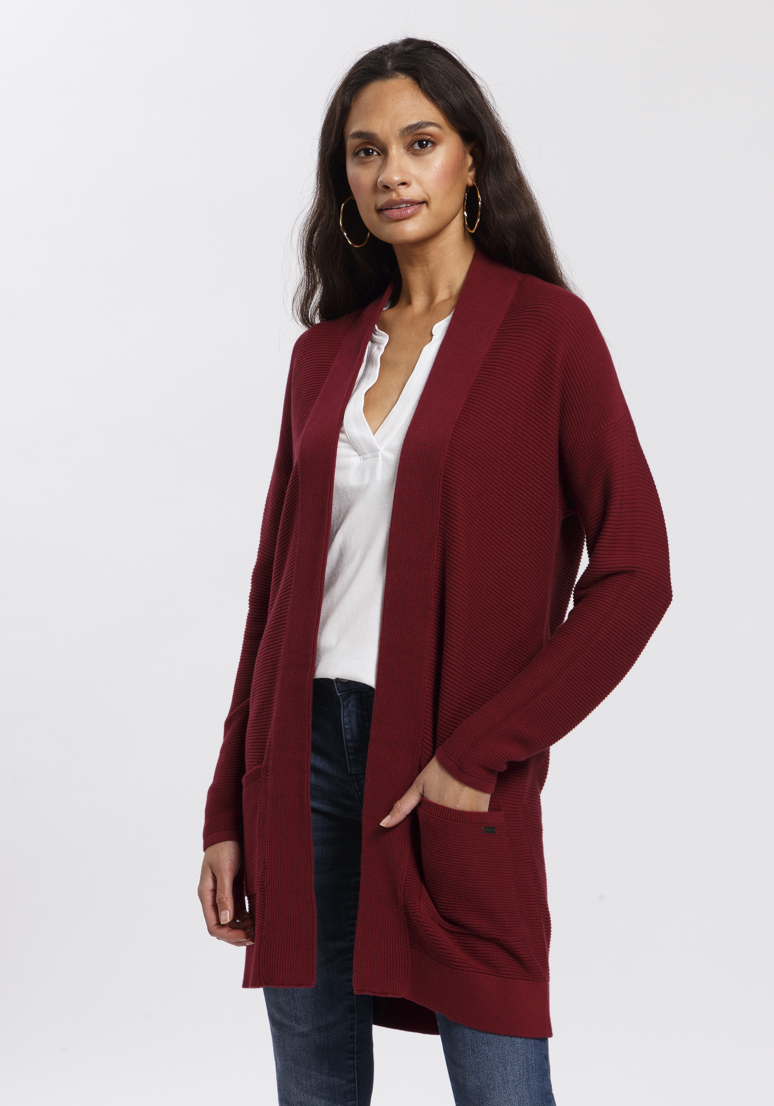 Longstrickjacke TOM TAILOR, Damen, Gr. XS (34), rot (bordeaux), Strick, Obermaterial: 100% Baumwolle, unifarben, Casual, figurumspielend Po-bedeckend, V-Ausschnitt, Bündchen, Strickjacken Strickjacke Longstrickjacke, aus Rippstrick mit aufgesetzten...