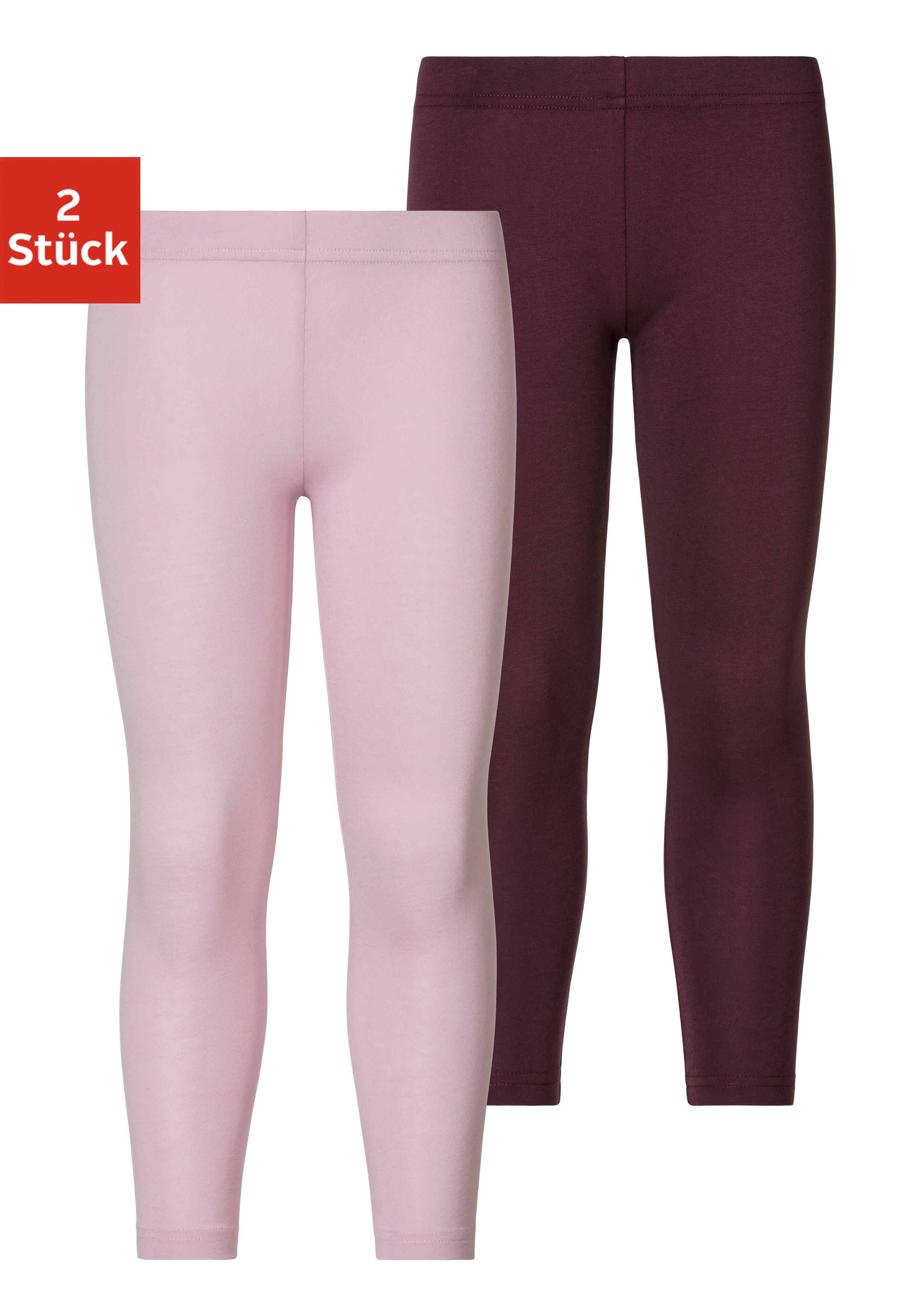 Leggings H.I.S, Kinder, Gr. 104/110, N-Gr, lila (rosa, pflaume), Single Jersey, Obermaterial: 95% Baumwolle, 5% Elasthan, unifarben, Basic, bequem lang, Hosen Leggings, Basic im Doppelpack Image