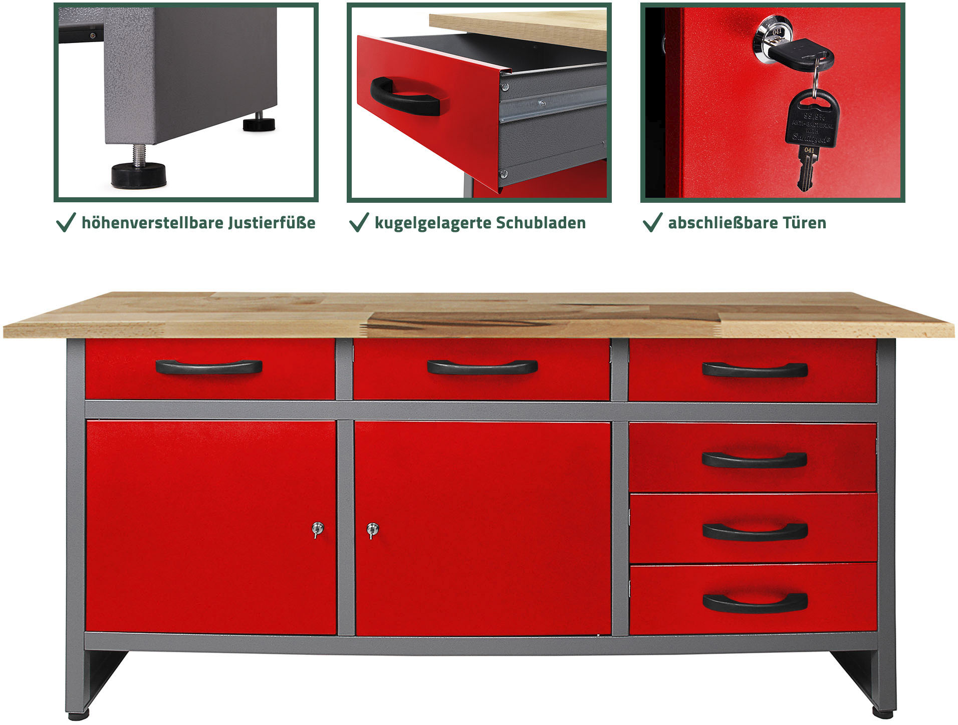 Werkbank ONDIS24 "Karsten", rot, B:160cm H:85cm T:60cm, Metall, Werkbänke