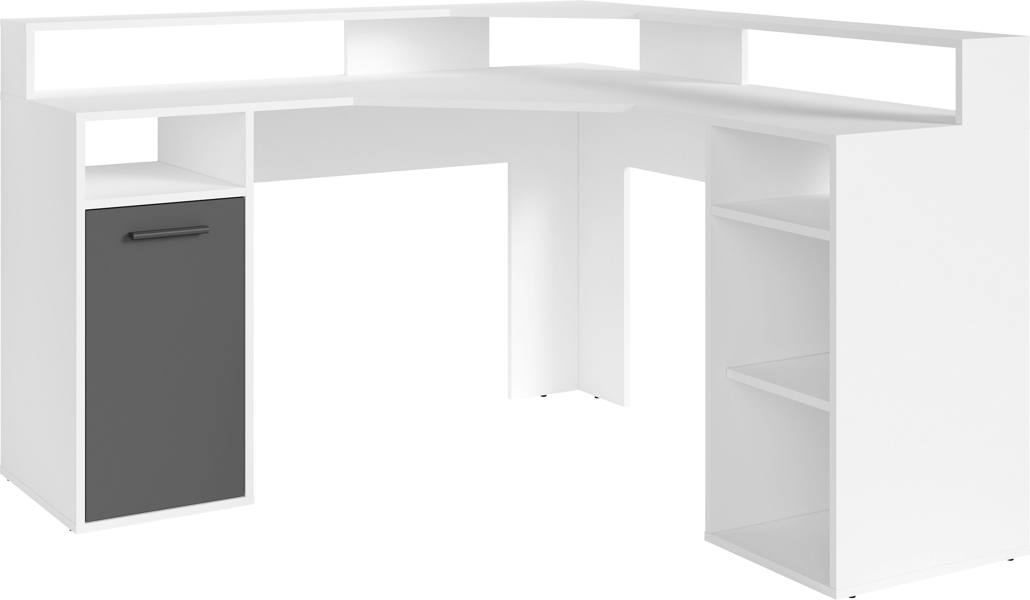 Gamingtisch BYLIVING "Fox", grau (weiß, anthrazit, weiß, weiß), B:139cm H:120cm T:139cm, Tische, Breite 139 cm, moderner Eck-Schreibtisch
