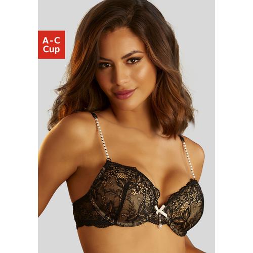 Push-up-BH LASCANA Gr. 75, Cup B, beige (schwarz, creme) Damen BHs BH Bügel-BH Hochzeitsdessous Hochzeitswäsche Push-up-BH Spitzen-BH Spitzenwäsche Spitzen-BHs mit femininen Perlendetails, sexy Dessous