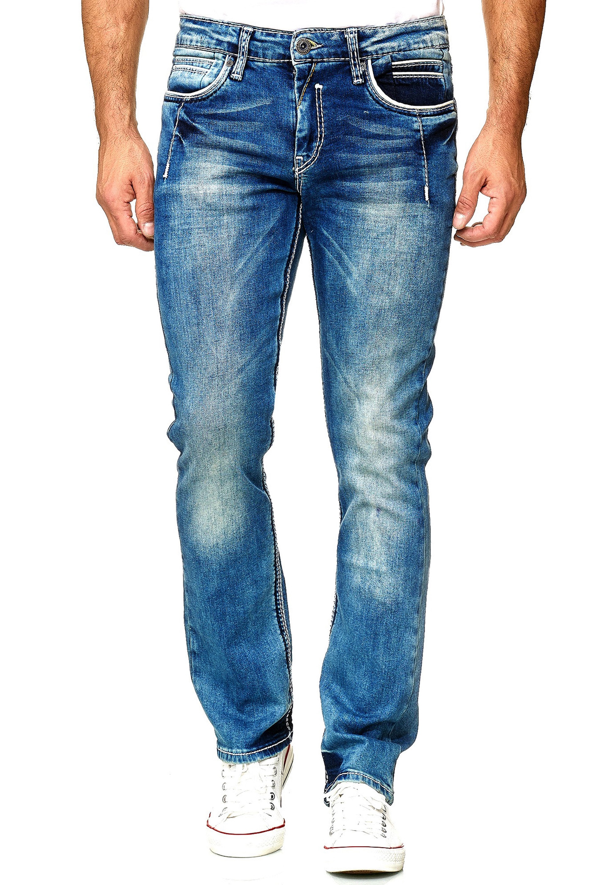 Straight-Jeans RUSTY NEAL "NEW YORK 29", Herren, Gr. 36, Länge 32, blau, 99% Baumwolle, 1% Elasthan, unifarben, lang, Jeans Straight-Jeans, im modernen Used-Look