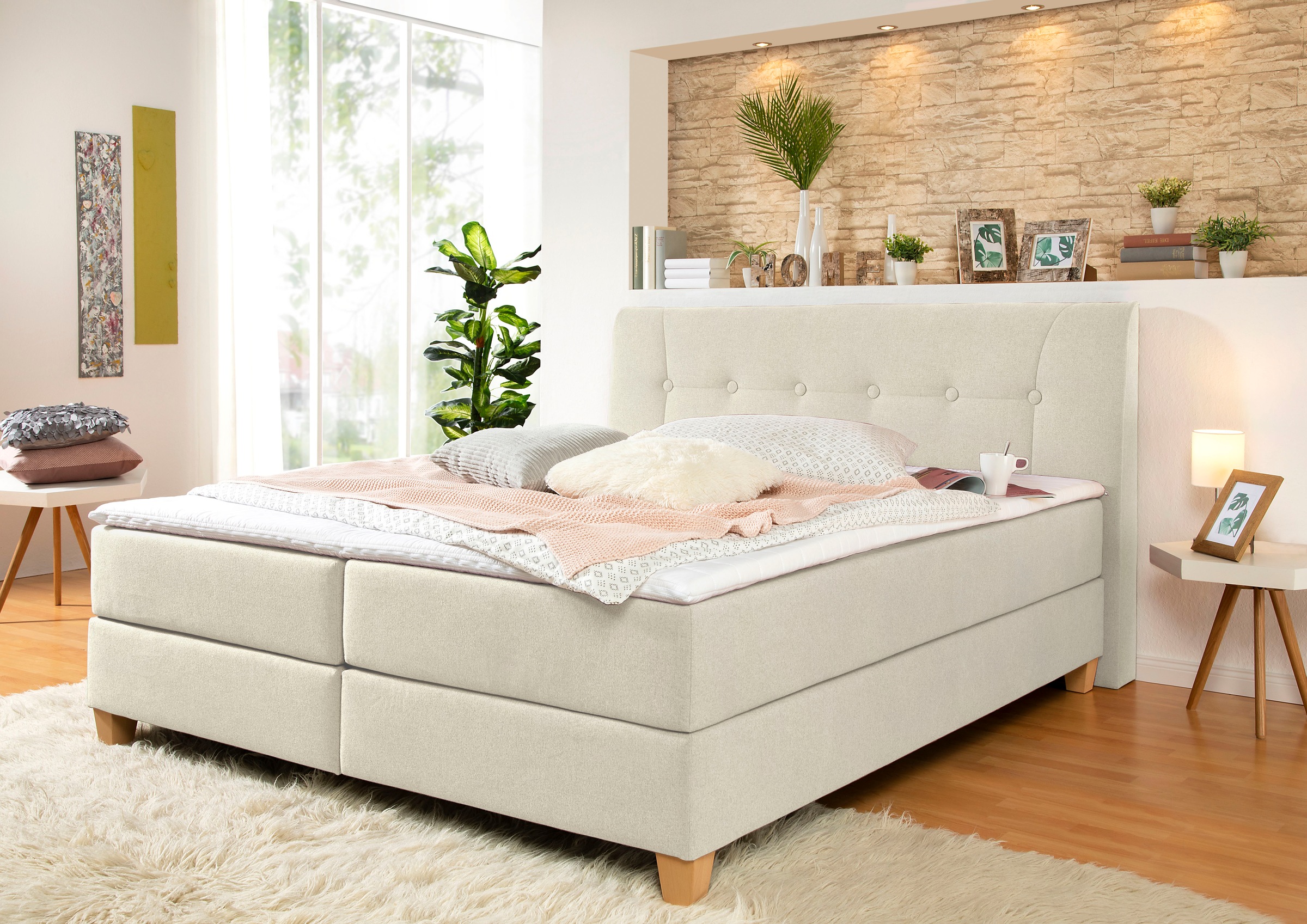 Boxspringbett HOME AFFAIRE "Calloway", beige, B:98cm L:218cm, Komplettbetten, Boxspringbett, inkl. Topper, XXL-Ausführung, in 4 Farben, 5 Breiten, 3 Matratzenarten Image