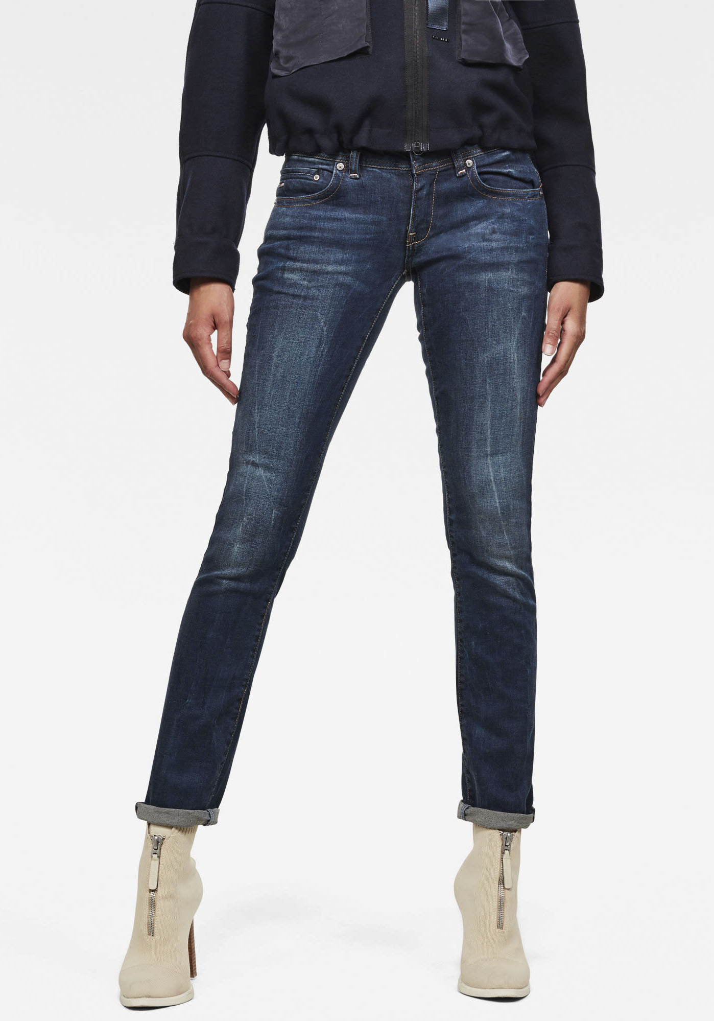 Straight-Jeans G-STAR "Midge", Damen, Gr. 27, Länge 30, blau (schwarz aged), Denim/Jeans, Obermaterial: 92% Baumwolle, 7% Polyester, 1% Elasthan, unifarben, straight fit lang, Jeans Straight-Jeans, 5-Pocket-Design mit markanten Steppnähten