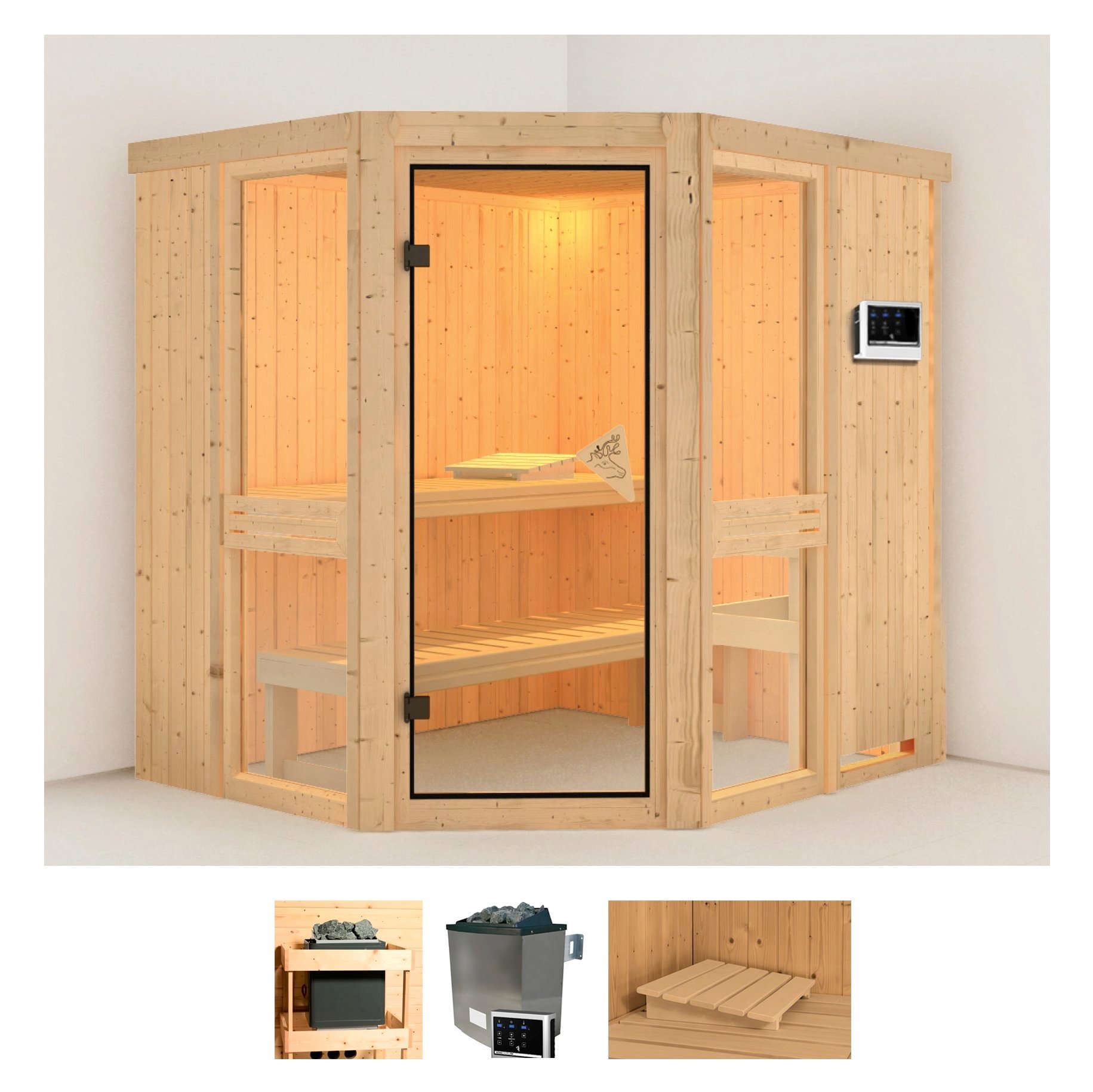 Sauna KARIBU "Aline 1", beige (naturbelassen), Saunaofen, externe Steuerung, 9 kW, Saunen, 9-kW-Ofen mit externer Steuerung Image