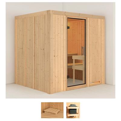 Sauna KARIBU "Dima", beige (naturbelassen), ohne Ofen, (ohne Ofen), Saunen, ohne Ofen