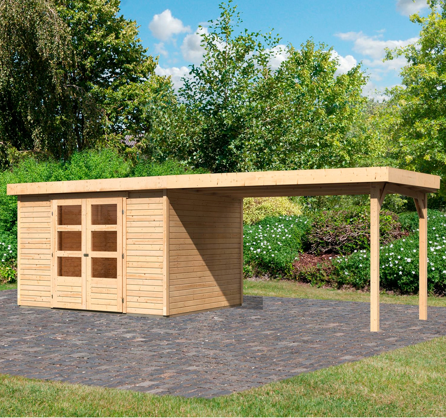 Gartenhaus KARIBU ""Arnis 5" SET anthrazit mit Anbaudach 2,80 m Breite", beige (naturbelassen), ohne Fußboden, ohne Rück- und Seitenwand, ohne Dacheindeckung, Holzwerkstoff, Gartenhäuser, Gartenhaus, aus hochwertiger nordischer Fichte