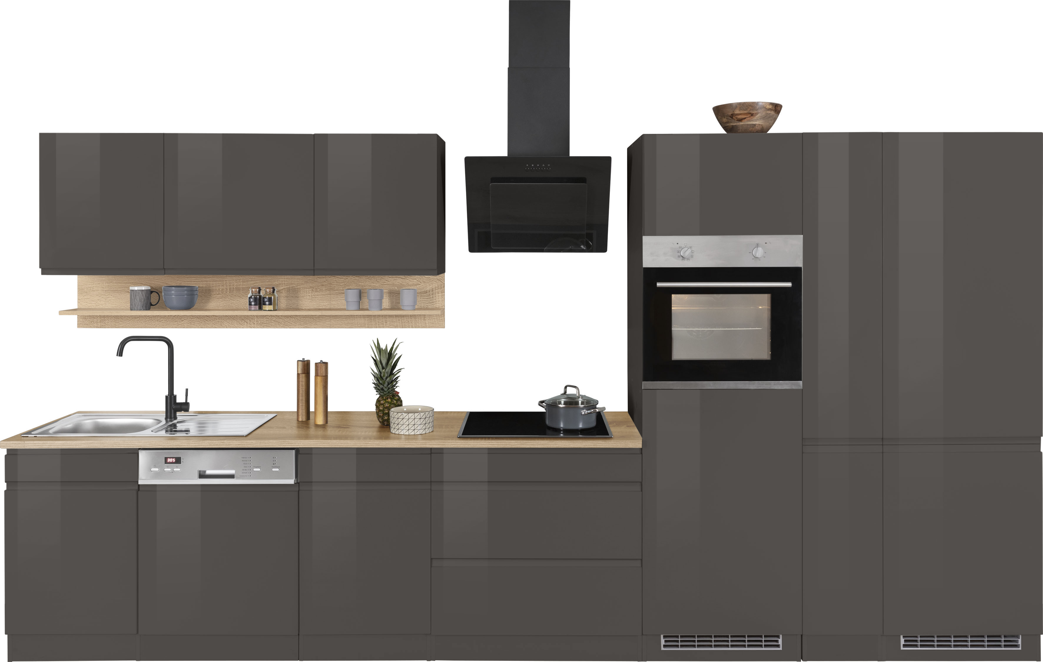 Küchenzeile KOCHSTATION "KS-Virginia", grau (küche: grau, front: grau hochglanz, korpus: graphit, arbeitsplatte: eiche sonoma), B:390cm T:60cm, Komplettküchen-Sets, Breite 390 cm, ohne E-Geräte Image