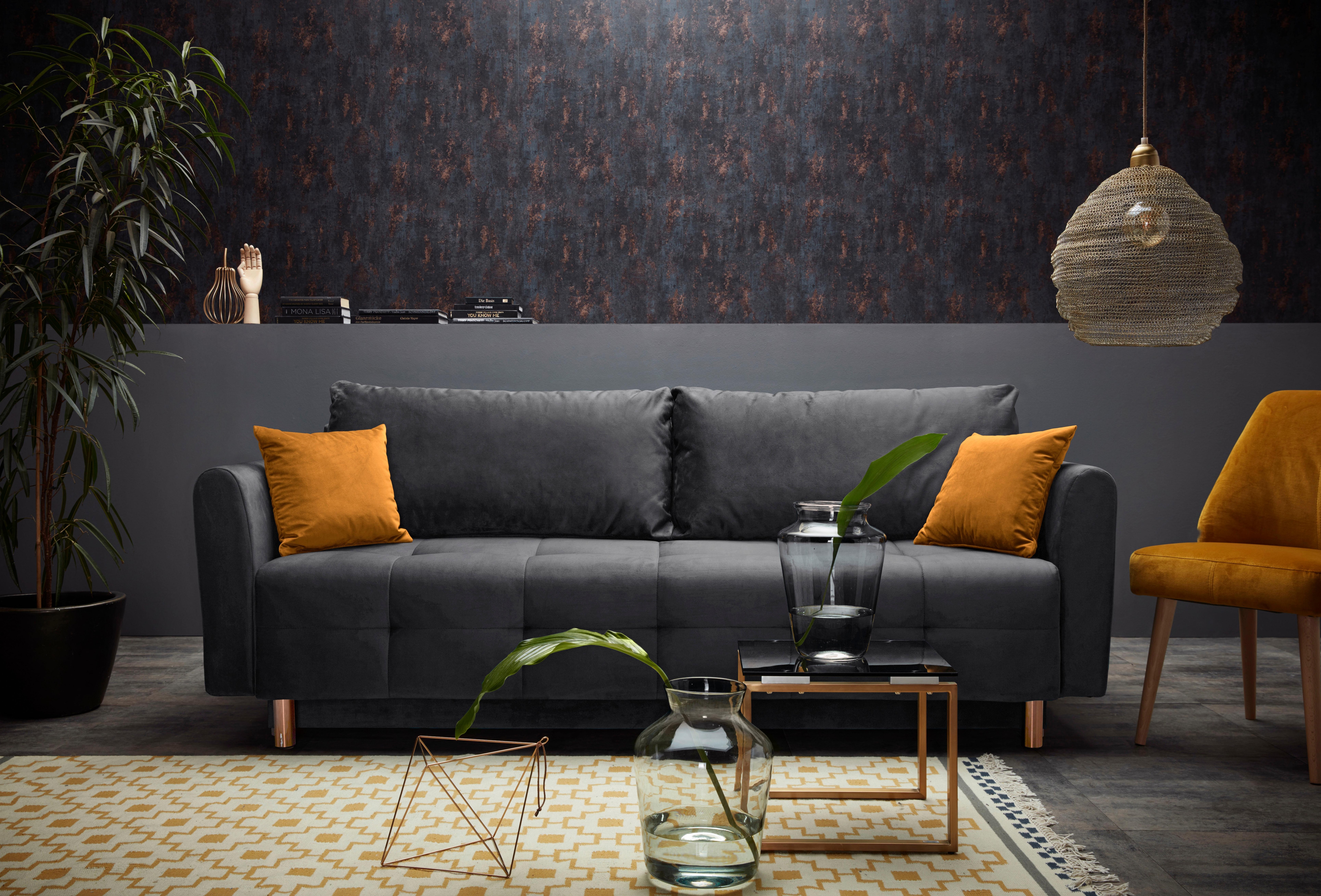 Schlafsofa HOME AFFAIRE "Nordic", schwarz, B:219cm H:93cm T:88cm, Microfaser PRIMABELLE (100% Polyester);Samtoptik (100% Polyester);Zierkissen: 100%Polyester, Sofas, Schlafsofa, mit Federkern und Metallbeinen, Steppung im Sitzbereich