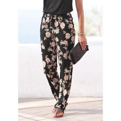 Strandhose LASCANA, Damen, Gr. 34, N-Gr, bunt (schwarz, orange, bedruckt), Jersey, Obermaterial: 100% Viskose, bedruckt, casual, figurumspielend lang, Hosen, mit floralem Alloverdruck und Taschen, elastisch, lockere Passform, Topseller Image