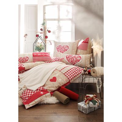 Bettwäsche MY HOME "Janina in Gr. 135x200 oder 155x220 cm", beige (patchwork beige, rot), B/L: 135cm x 200cm, , Biber, B/L: 80cm x 80cm, Biber, Obermaterial: 100% Baumwolle, Bettwäsche, 100% Baumwolle, viele Winterdesigns: Patchwork, Schneemann,... Image
