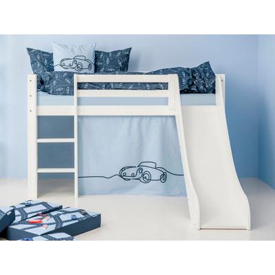 Hochbett HOPPEKIDS "«Cars»", weiß (weiß, dream blau, weiß, weiß), B:81cm H:9cm L:168cm, Bett: 100% Massivholz, Nordische Kiefer, Rutsche: MDF, Vorhang: 100% Baumwolle, Hochbetten, Hochbett, Rutsche & Vorhang Blau und viel Auswahl Image