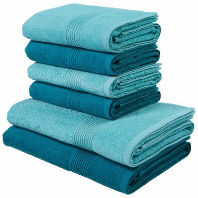 Handtuch Set MY HOME "Anna, 2 Duschtücher 70x140, 4 Handtücher 50x100", blau (petrol, türkis), 6 tlg., Walkfrottee, Walkfrottee, Obermaterial: 100% Baumwolle, Handtuch-Sets, Handtuch-Set, gestreifte Bordüre, 100% Baumwolle, zweifarbig, Topseller Image