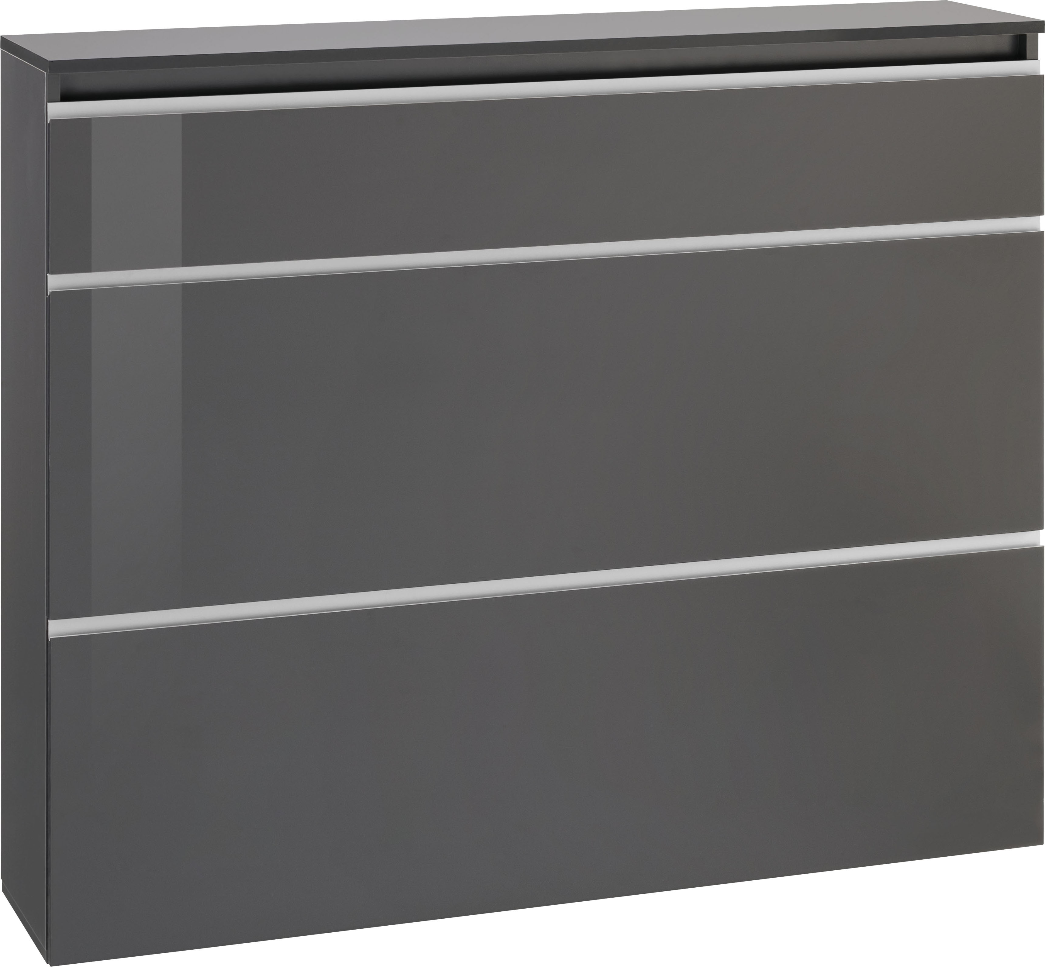 Schuhschrank INOSIGN "Magic Schuhschrank, Schuhkommode, Schuhregal, softgriff", grau (anthrazit), B:120cm H:108cm T:26,5cm, FSC-zertifizierter Holzwerkstoff, Schränke, Schuhschrank, 3 Klappen,Doppelschuhtrommeln,hochglanz lackiert oder matt,Breite 120