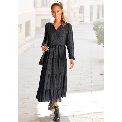 Maxikleid LASCANA, Damen, Gr. 44, N-Gr, schwarz (grau, schwarz, bedruckt), Web, Obermaterial: 100% Viskose, bedruckt, modisch, figurumspielend lang, V-Ausschnitt, Langarm mit Gummizug, Kleider, mit Alloverprint und Volants, langärmlig, Druckkleid,... Image