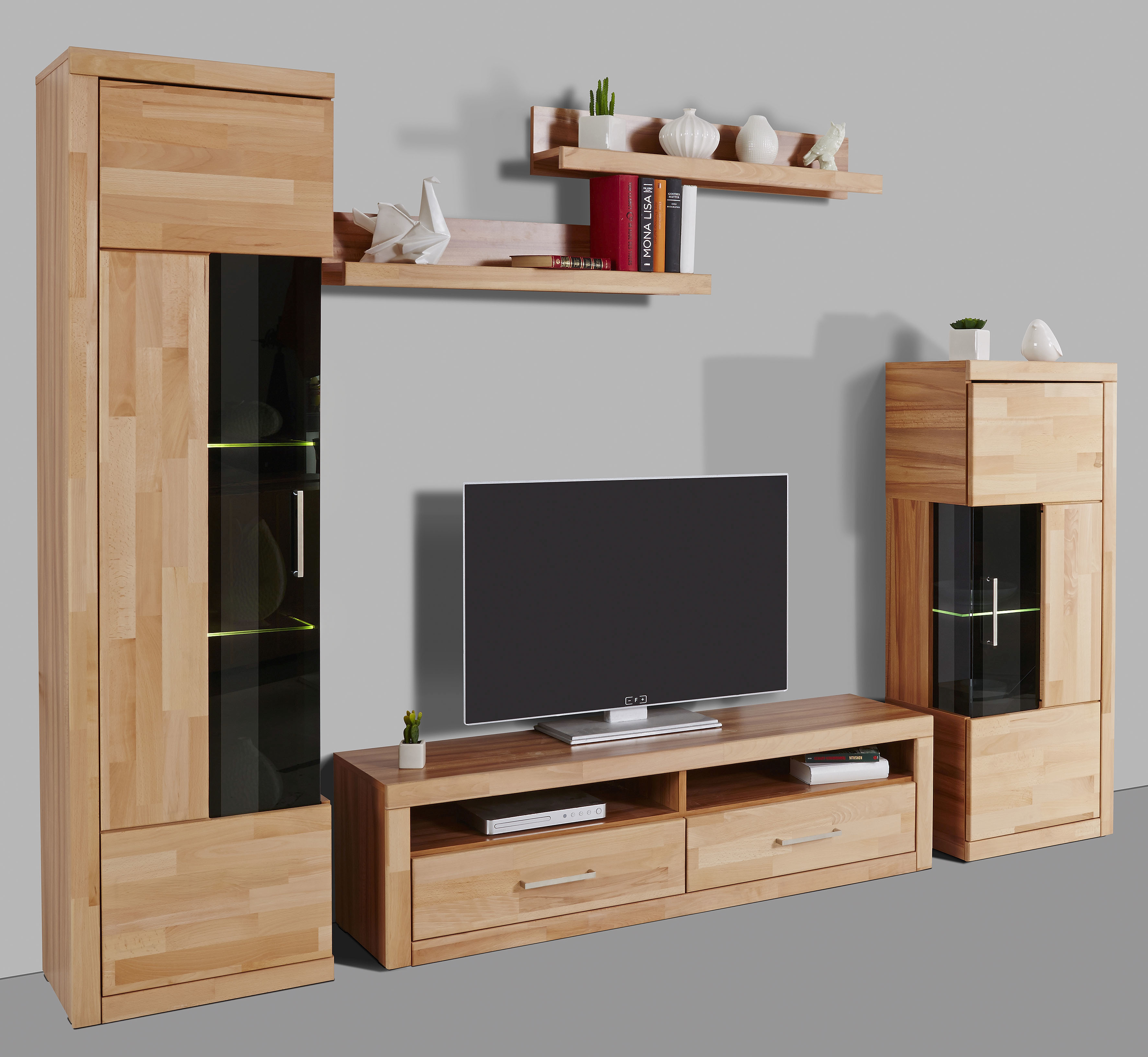 Wohnwand HOME AFFAIRE "Ribe Wohnwand Set-5 St.", beige (kernbuche teilmassiv), B:240cm H:180cm T:35cm, Holz teilmassiv, Kastenmöbel-Sets, Glaseinsatz aus gehärtetem Glas,Böden teilweise versetzbar