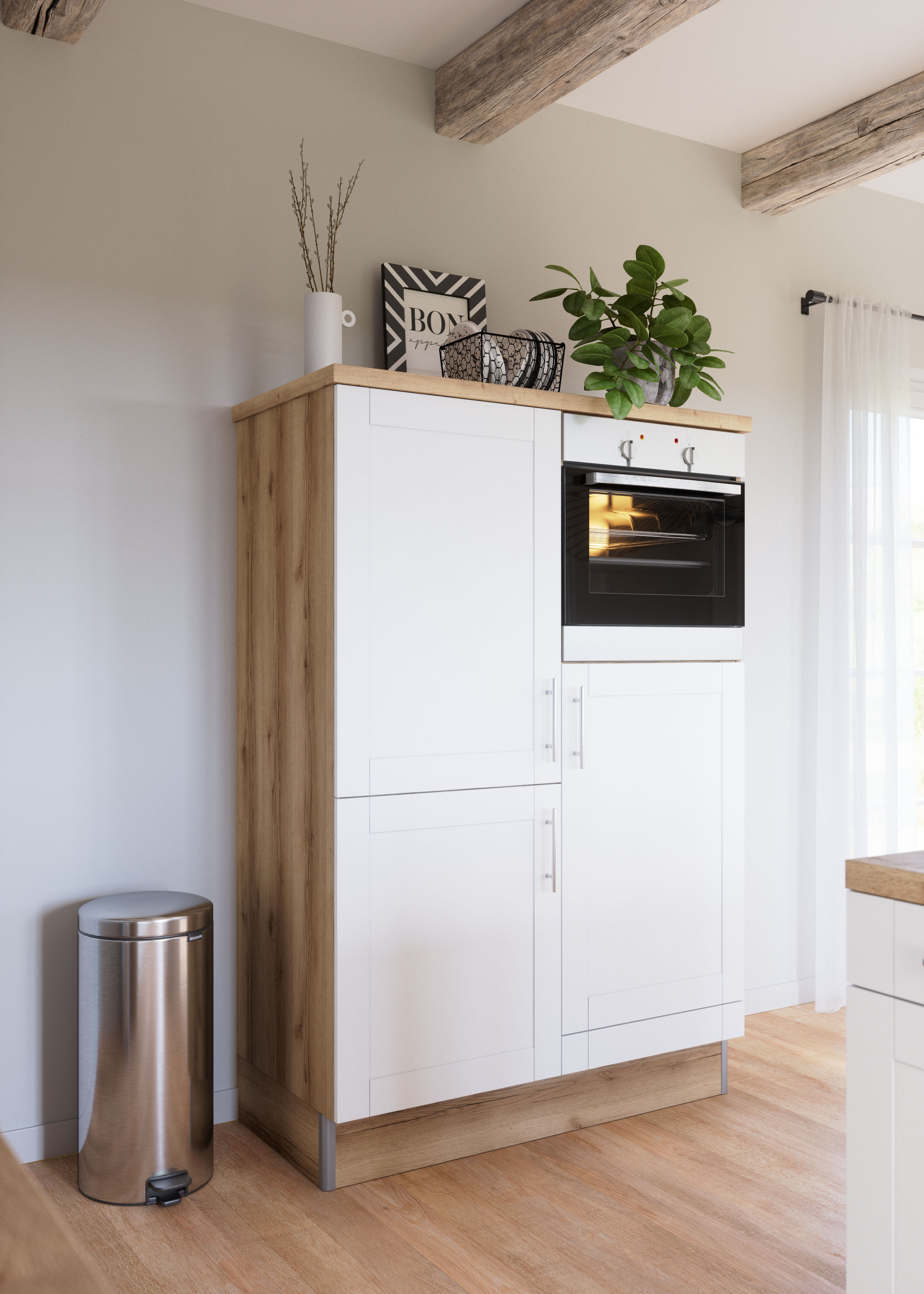 Küche KOCHSTATION "KS-Ahus, Hochschrankmodul", weiß (küche: weiß, front: weiß matt, korpus: wildeichefarben, arbeitsplatte: eichefarben struktur), B:120cm H:180,4cm T:60cm, Komplettküchen-Sets, Küchenzeile, Breite 120 cm,wahlweise mit...